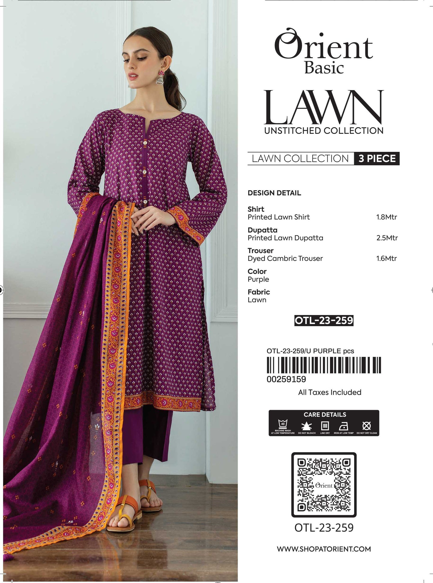 Unstitched 3 Piece Printed Lawn Shirt , Cambric Pant and Lawn Dupatta (OTL-23-259/U PURPLE)