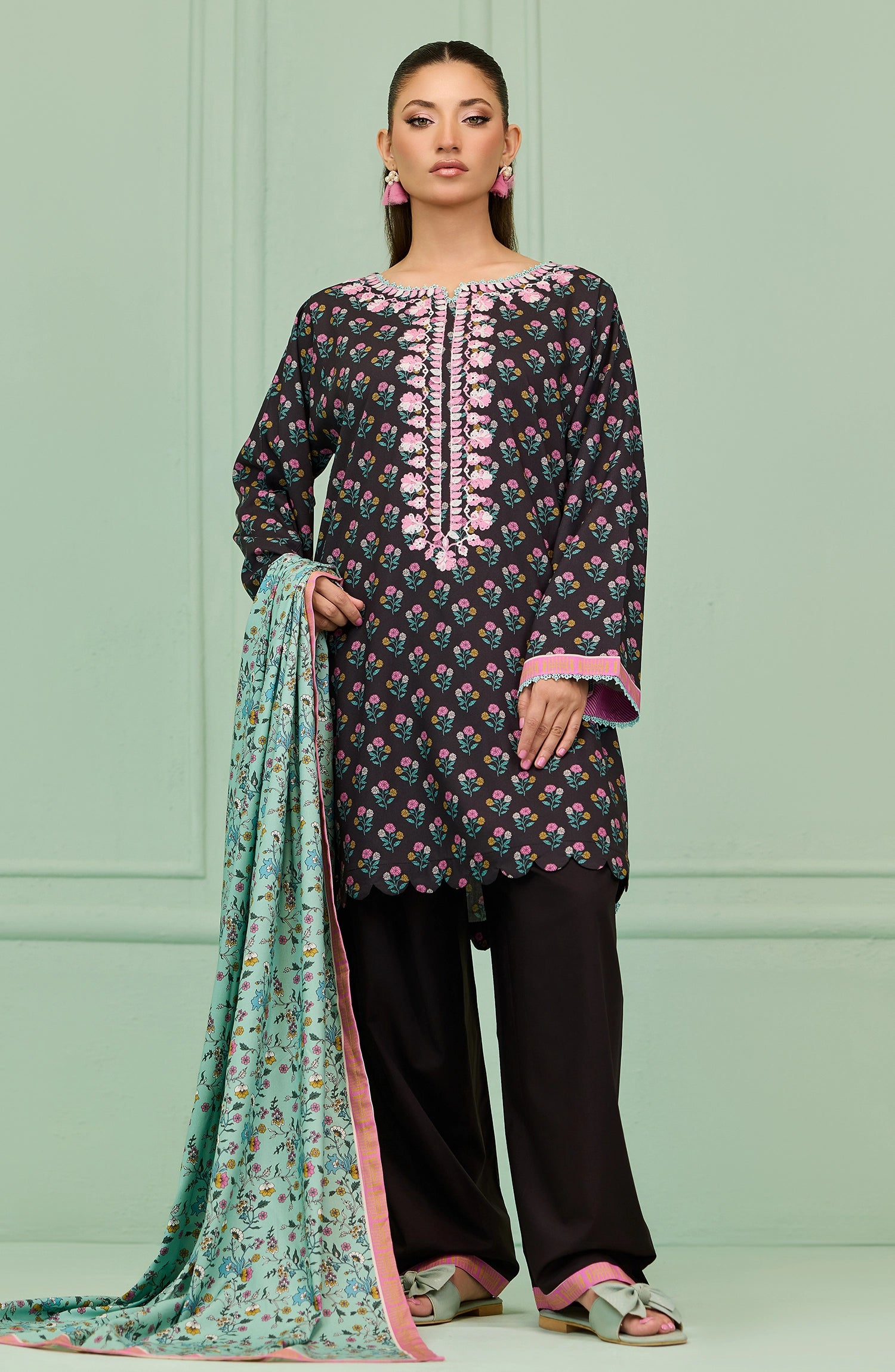 Stitched | 3 Piece | Printed Embroidered | Linen Viscose Shirt | OTL-20885/S BLACK | HAZEL