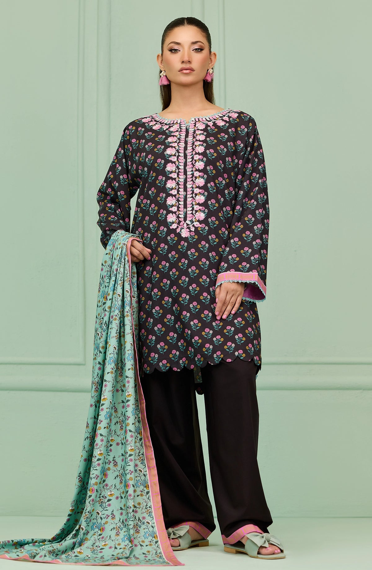 Stitched | 3 Piece | Printed Embroidered | Linen Viscose Shirt | OTL-20885/S BLACK | HAZEL