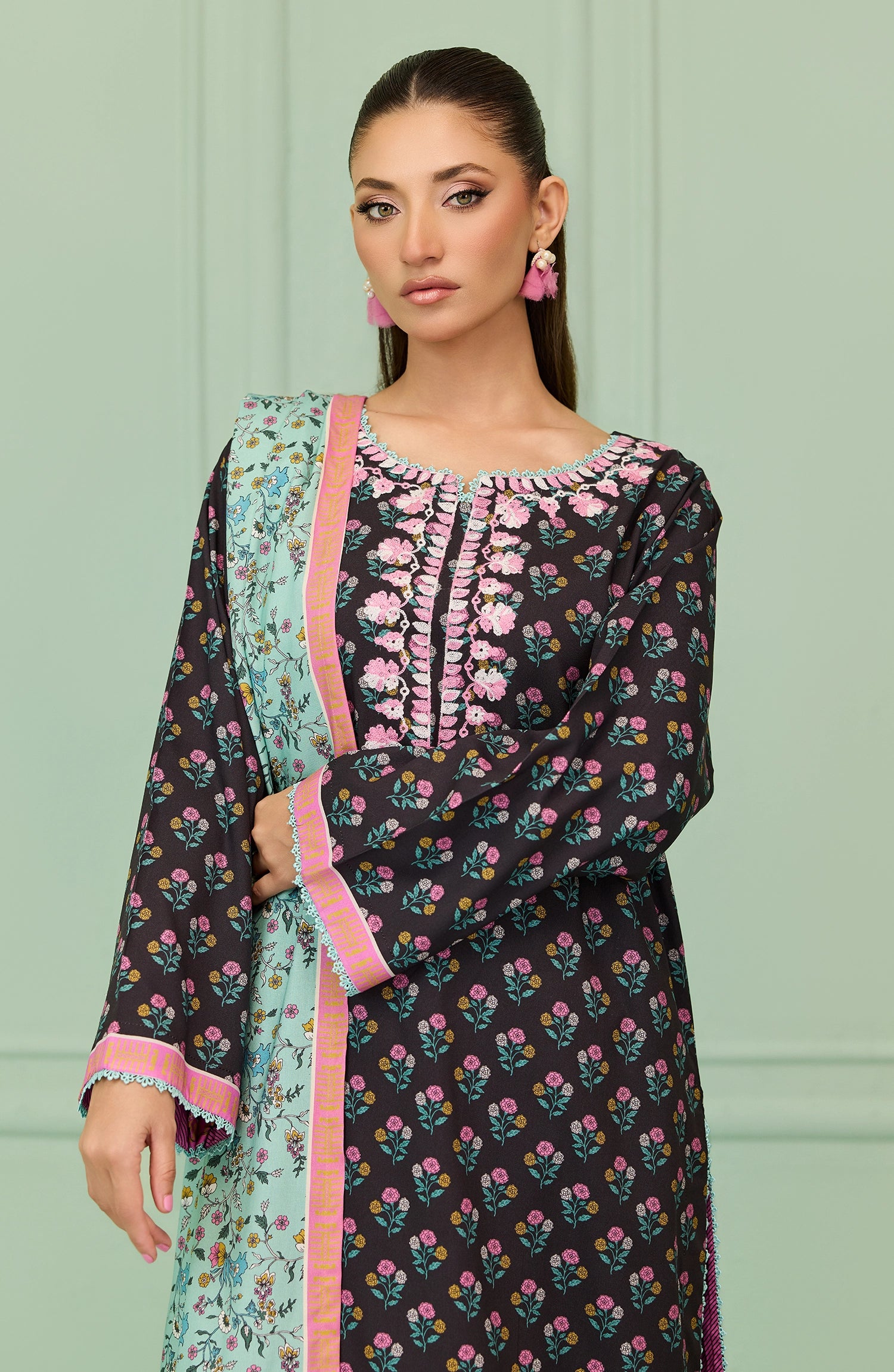 Stitched | 3 Piece | Printed Embroidered | Linen Viscose Shirt | OTL-20885/S BLACK | HAZEL