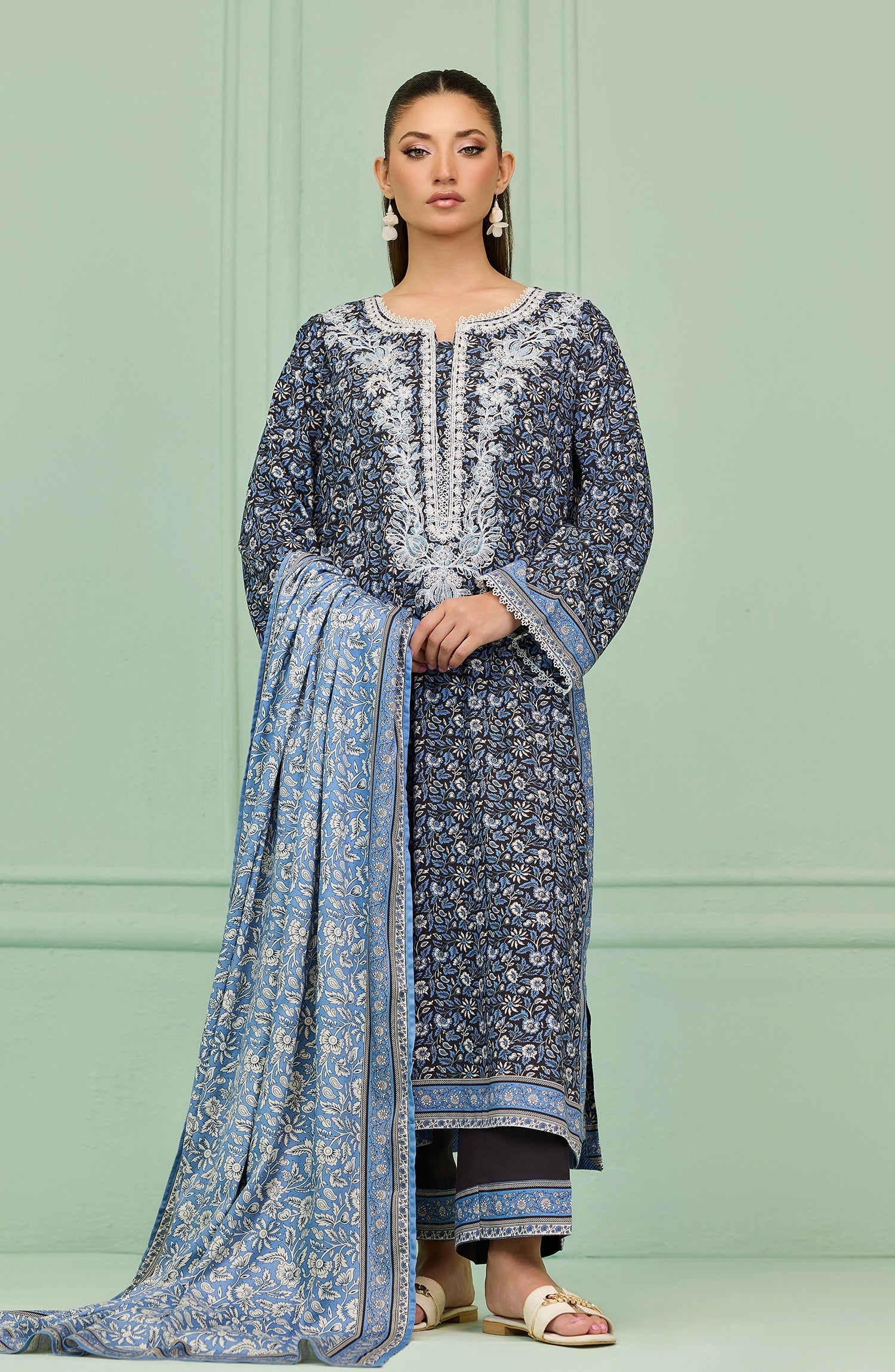 Stitched | 3 Piece | Printed Embroidered | Linen Viscose Shirt | OTL-20567/S BLACK | HAZELNUT
