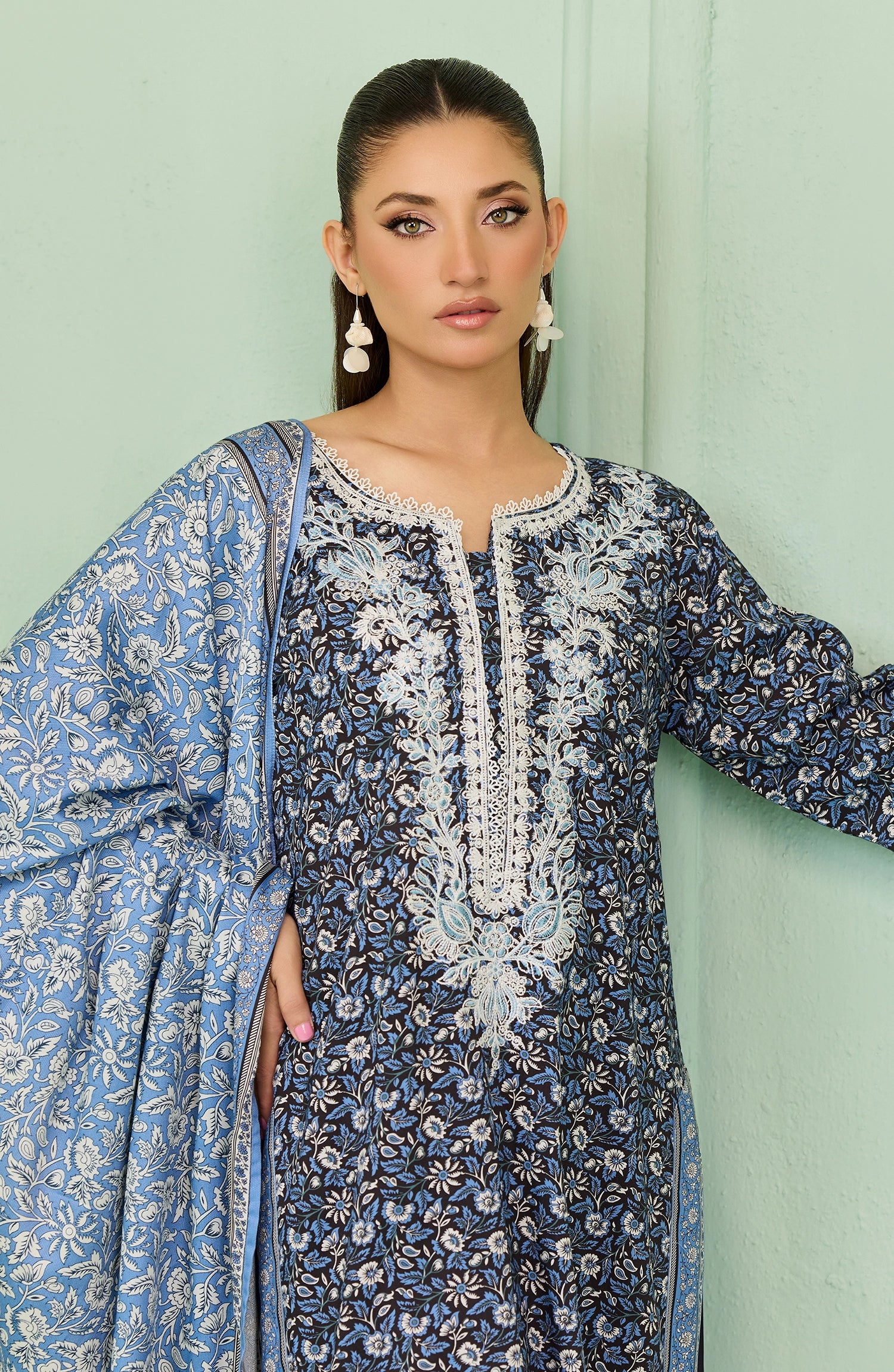 Stitched | 3 Piece | Printed Embroidered | Linen Viscose Shirt | OTL-20567/S BLACK | HAZELNUT
