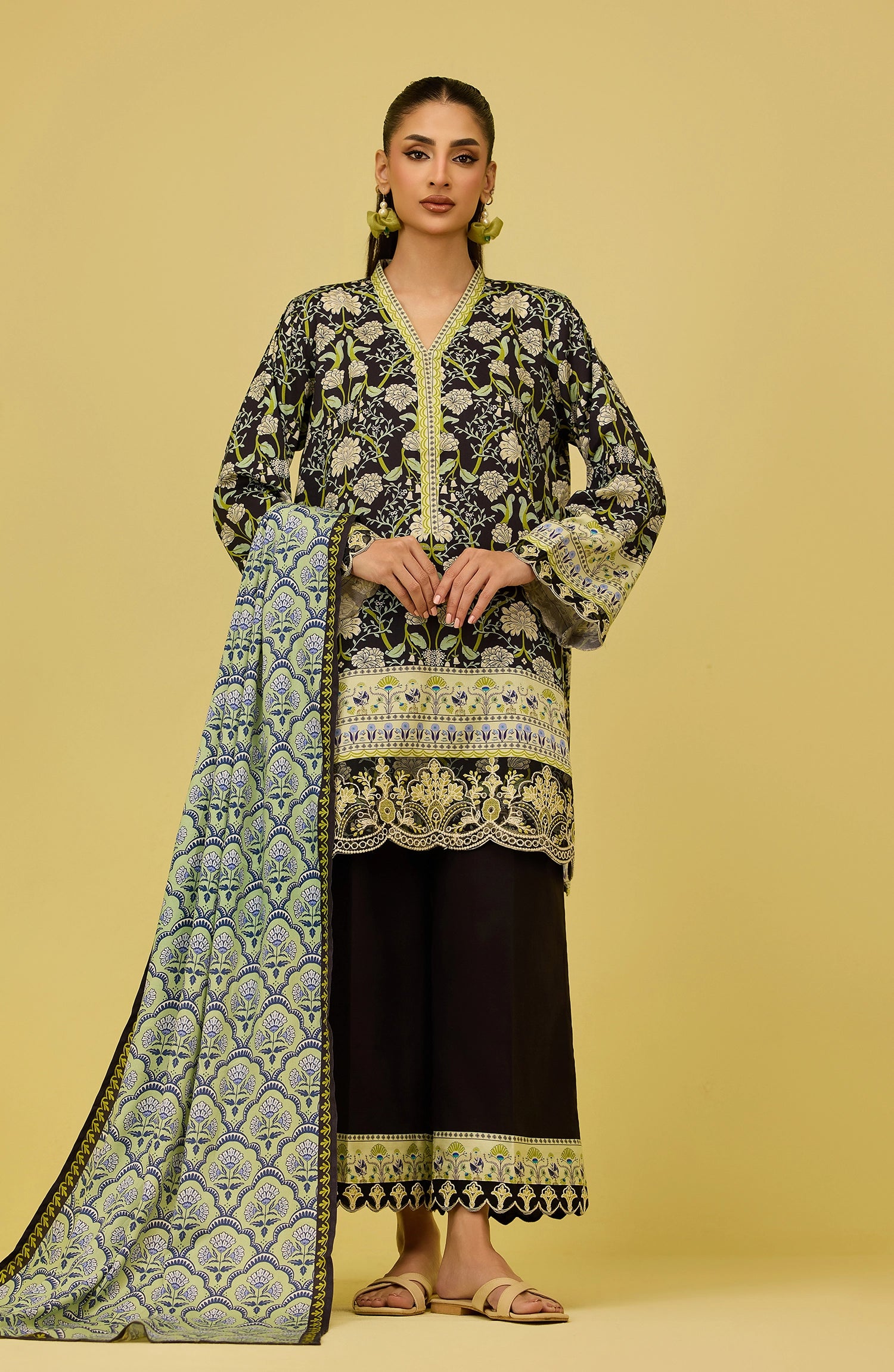 Unstitched | 3 Piece | Printed Embroidered | Cottel Viscose Shirt | OTL-21176/U BLACK | TEESHA