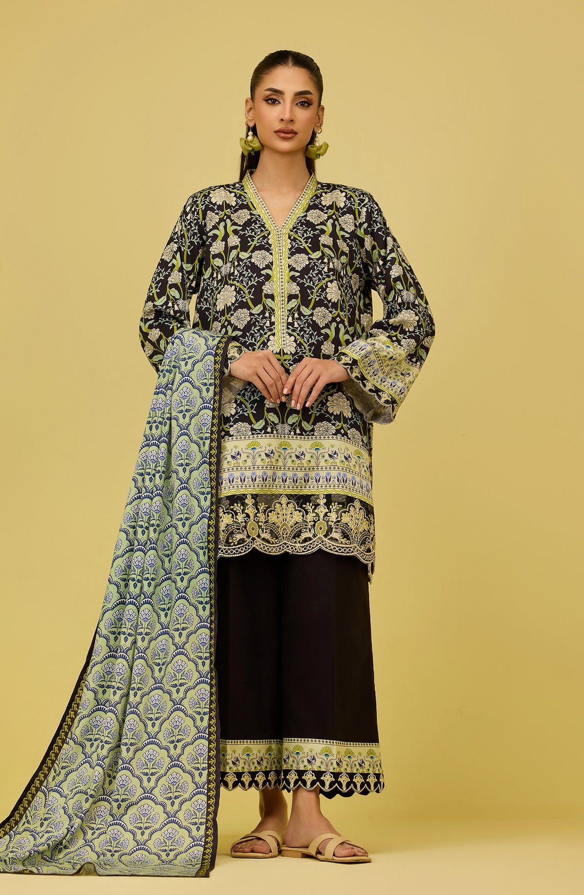 Unstitched | 3 Piece | Printed Embroidered | Cottel Viscose Shirt | OTL-21176/U BLACK | TEESHA