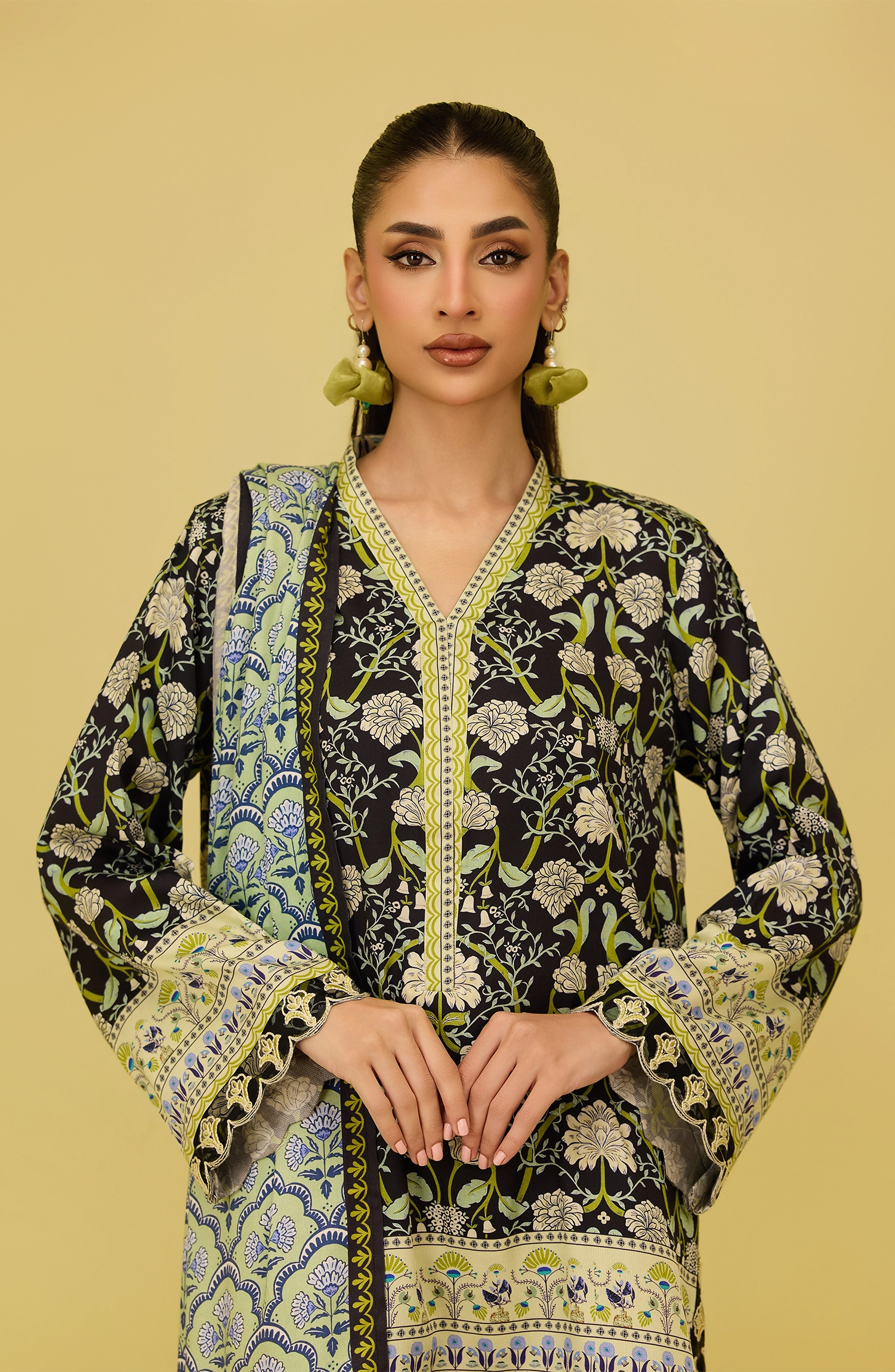 Unstitched | 3 Piece | Printed Embroidered | Cottel Viscose Shirt | OTL-21176/U BLACK | TEESHA