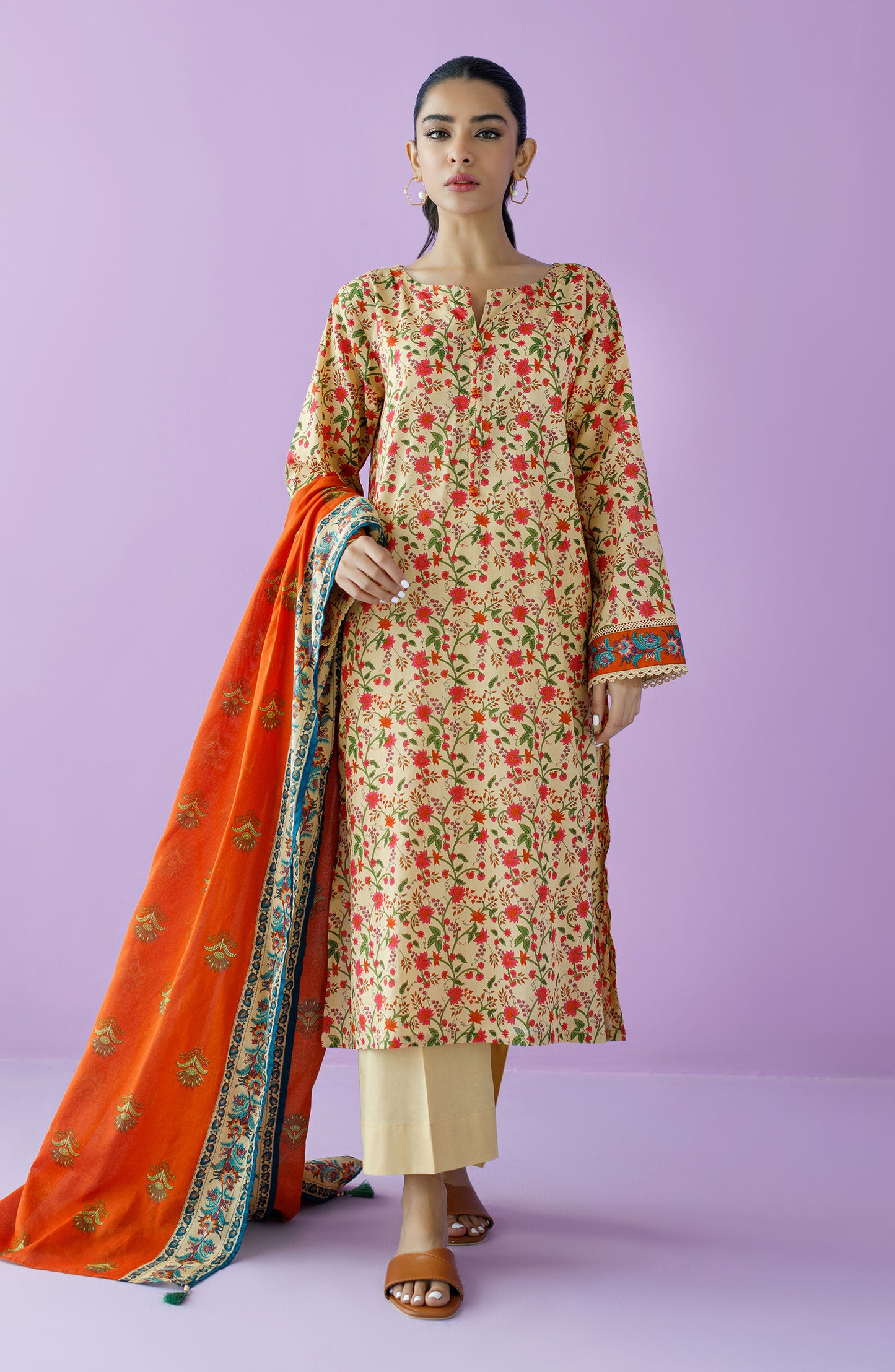 OTL-23-143/U BEIGE LAWN  UNSTITCHED SHIRT DUPATTA PANTS