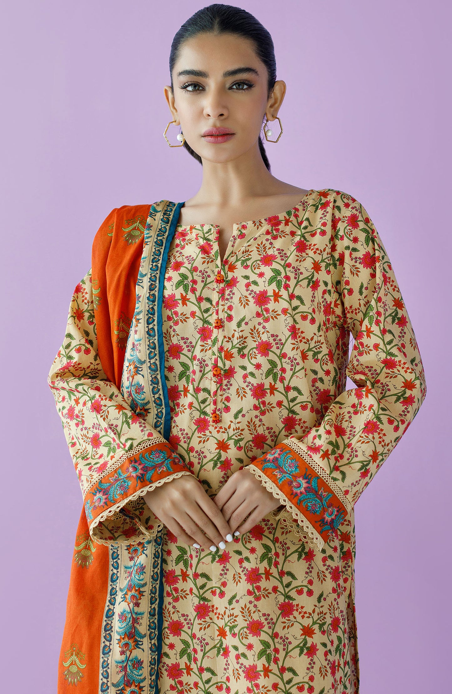 OTL-23-143/U BEIGE LAWN  UNSTITCHED SHIRT DUPATTA PANTS