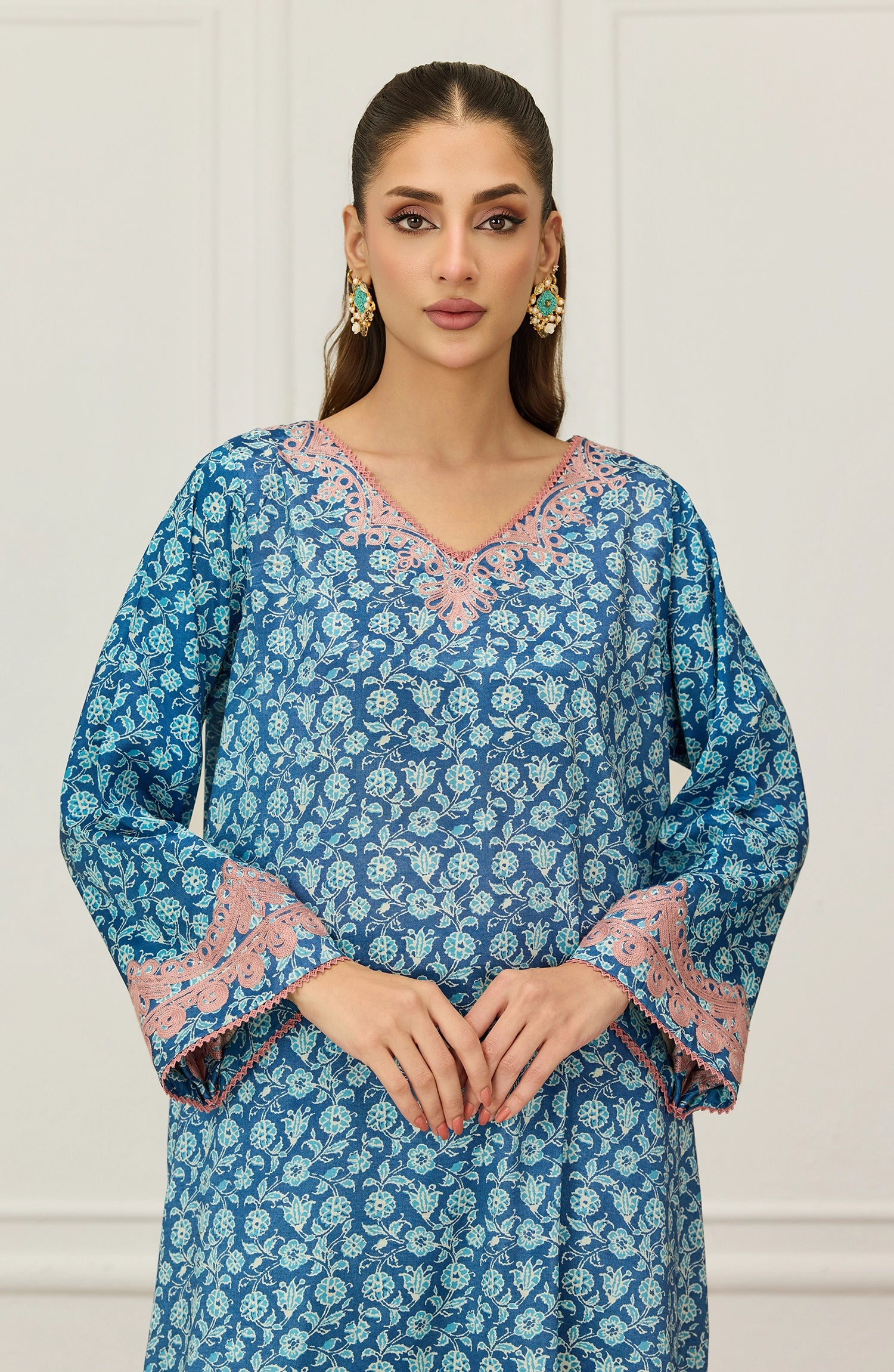 Stitched 2 Piece Embroidered Raw Silk Shinny Shirt And Pant  (WRHR25S-2051/S BLUE)