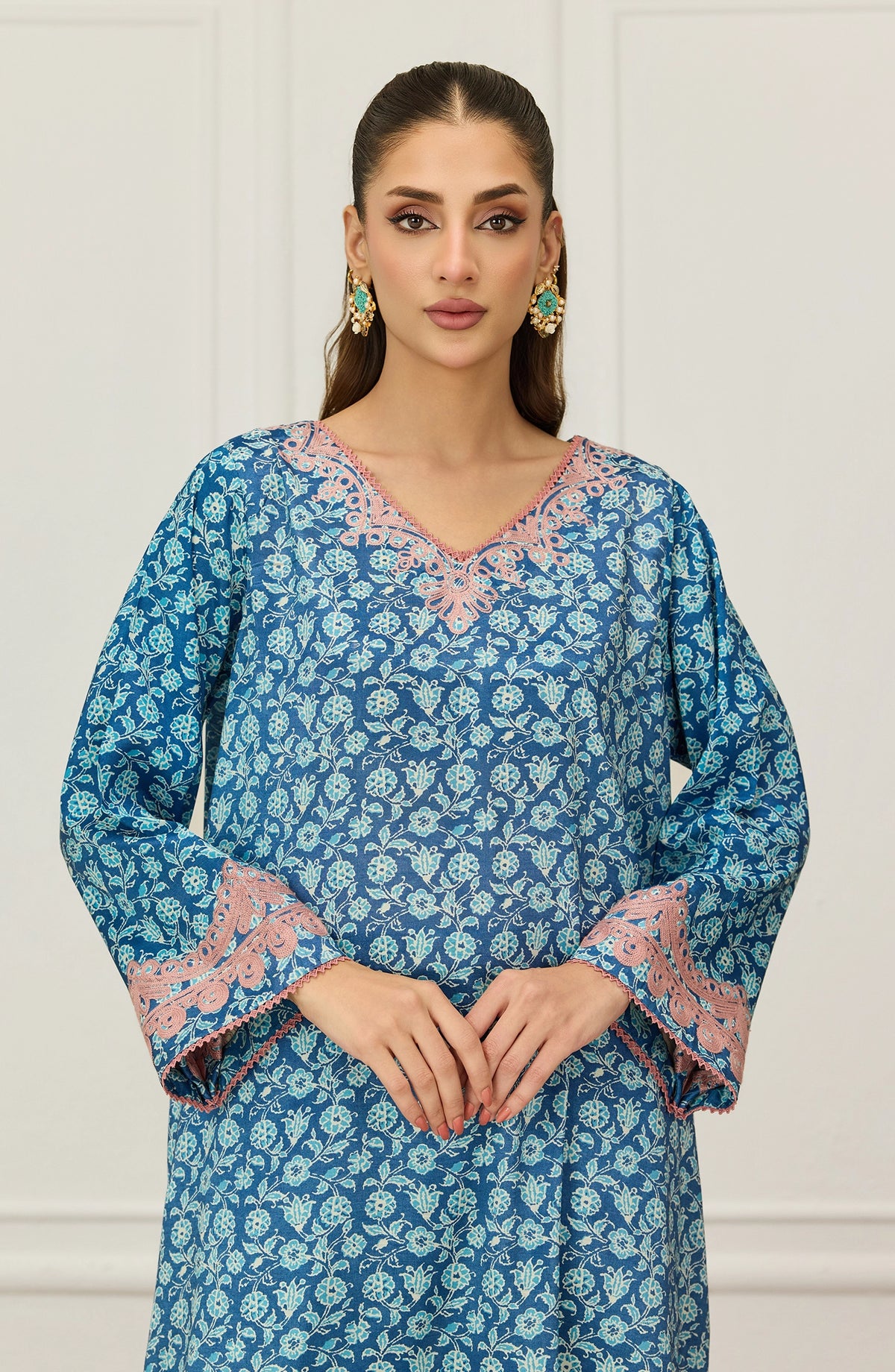 Stitched 2 Piece Embroidered Raw Silk Shinny Shirt And Pant  (WRHR25S-2051/S BLUE)