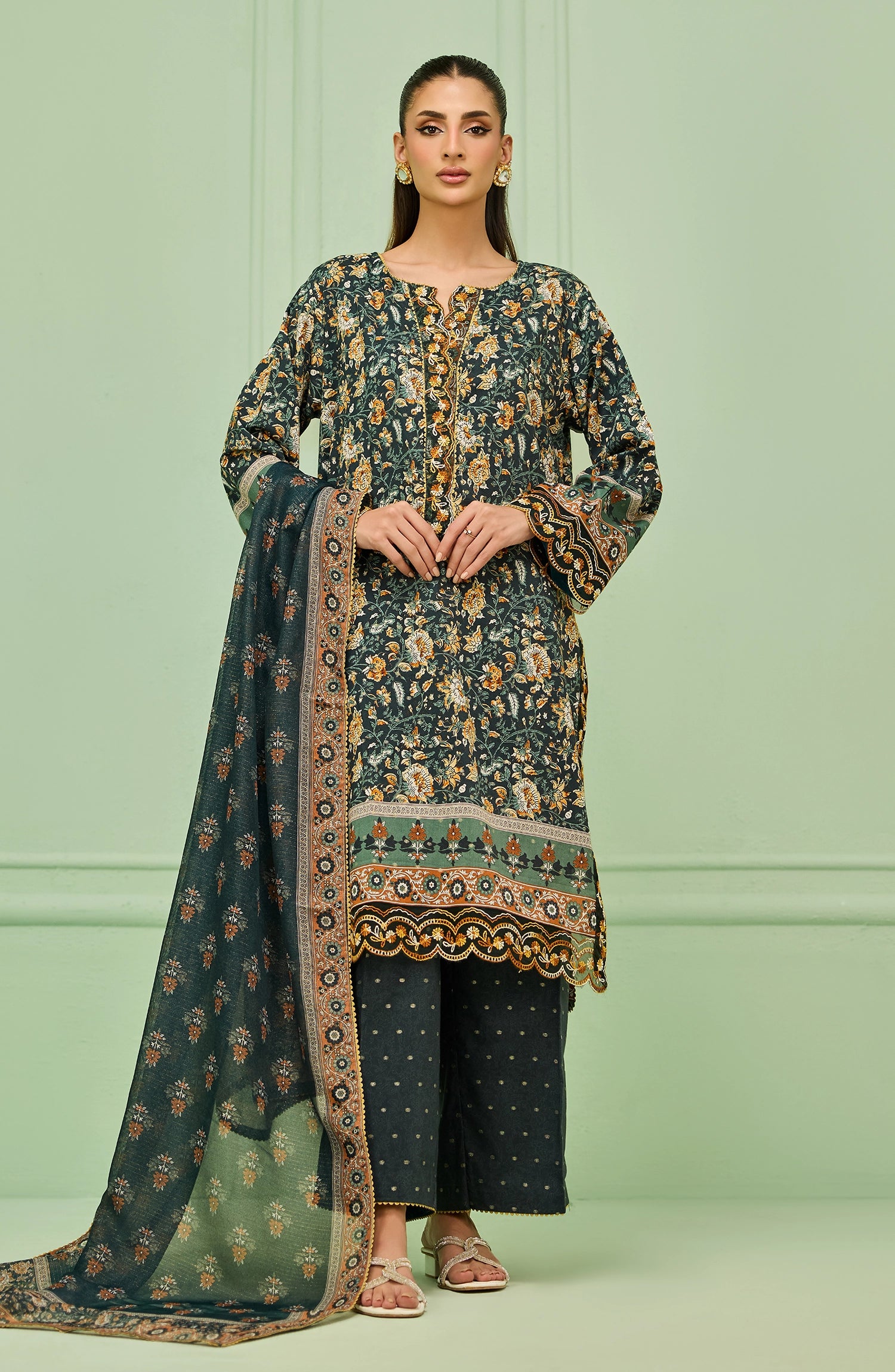 WRHL26S-3005/S Green LUREX JACQUARD Women READY TO WEAR SHIRT DUPATTA PANTS
