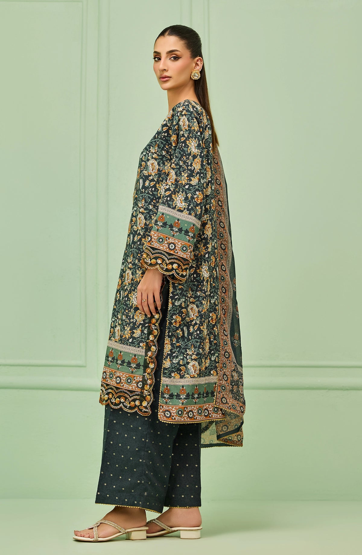 WRHL26S-3005/S Green LUREX JACQUARD Women READY TO WEAR SHIRT DUPATTA PANTS
