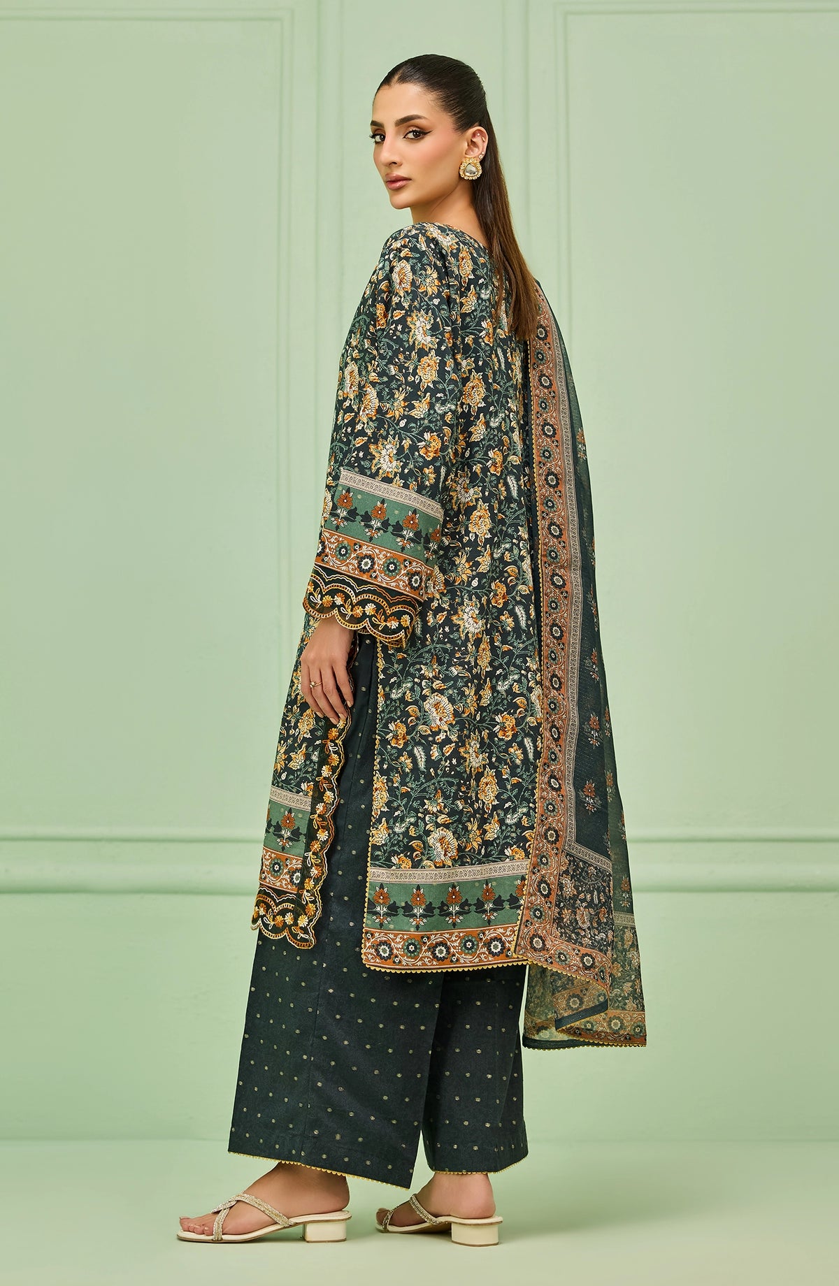 WRHL26S-3005/S Green LUREX JACQUARD Women READY TO WEAR SHIRT DUPATTA PANTS
