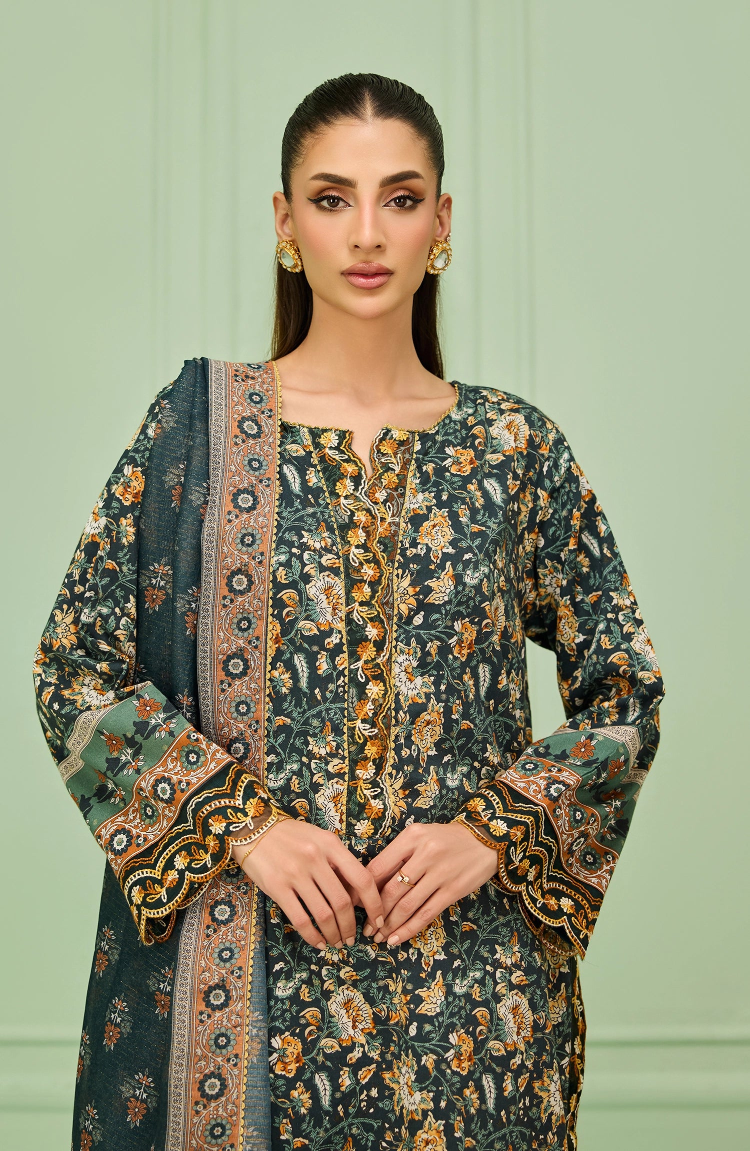 WRHL26S-3005/S Green LUREX JACQUARD Women READY TO WEAR SHIRT DUPATTA PANTS
