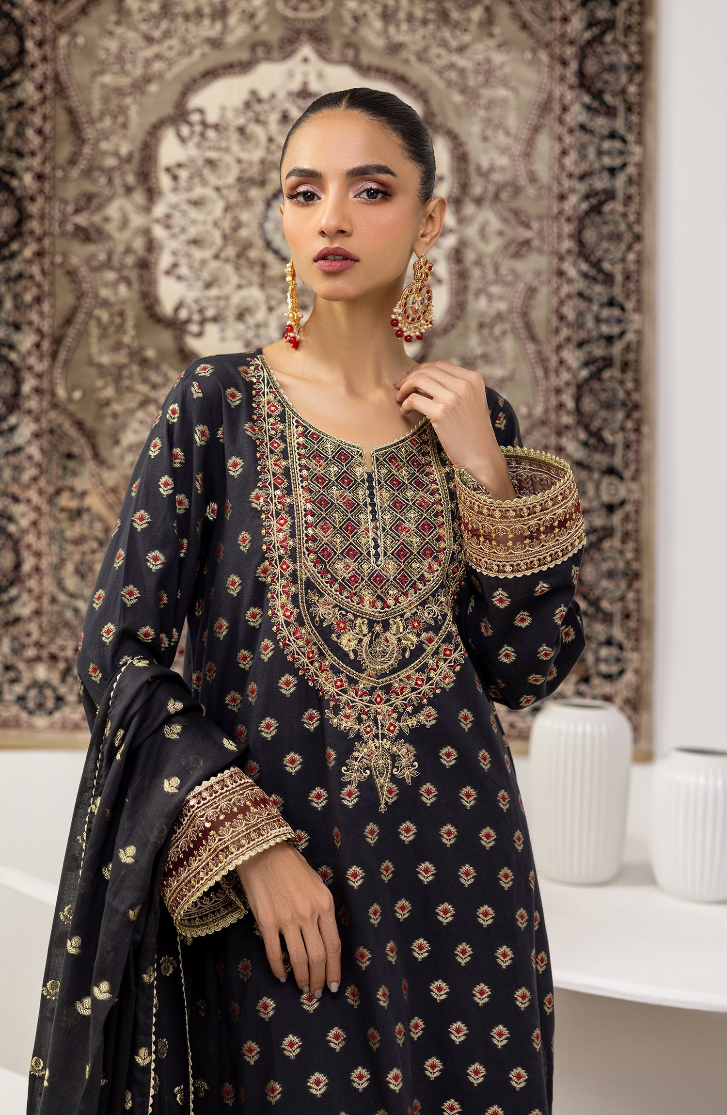OTLF-23-080/S BLACK JACQUARD Women READY TO WEAR SHIRT DUPATTA PANTS
