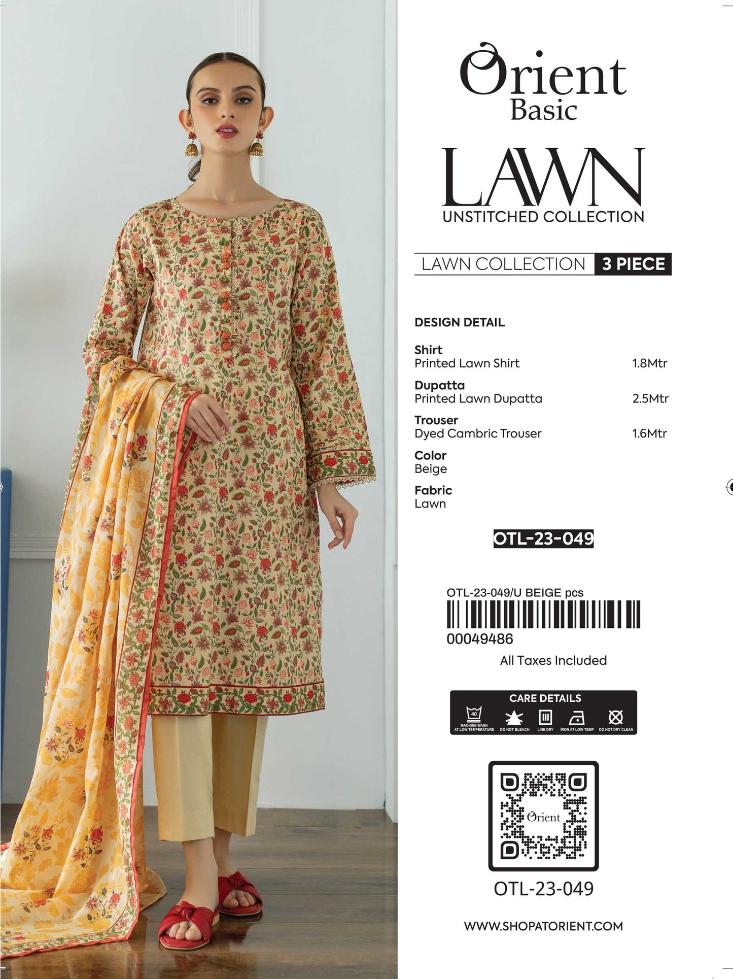 Unstitched 3 Piece Printed Lawn Shirt , Lawn Pant and Lawn Dupatta (OTL-23-049/U BEIGE)