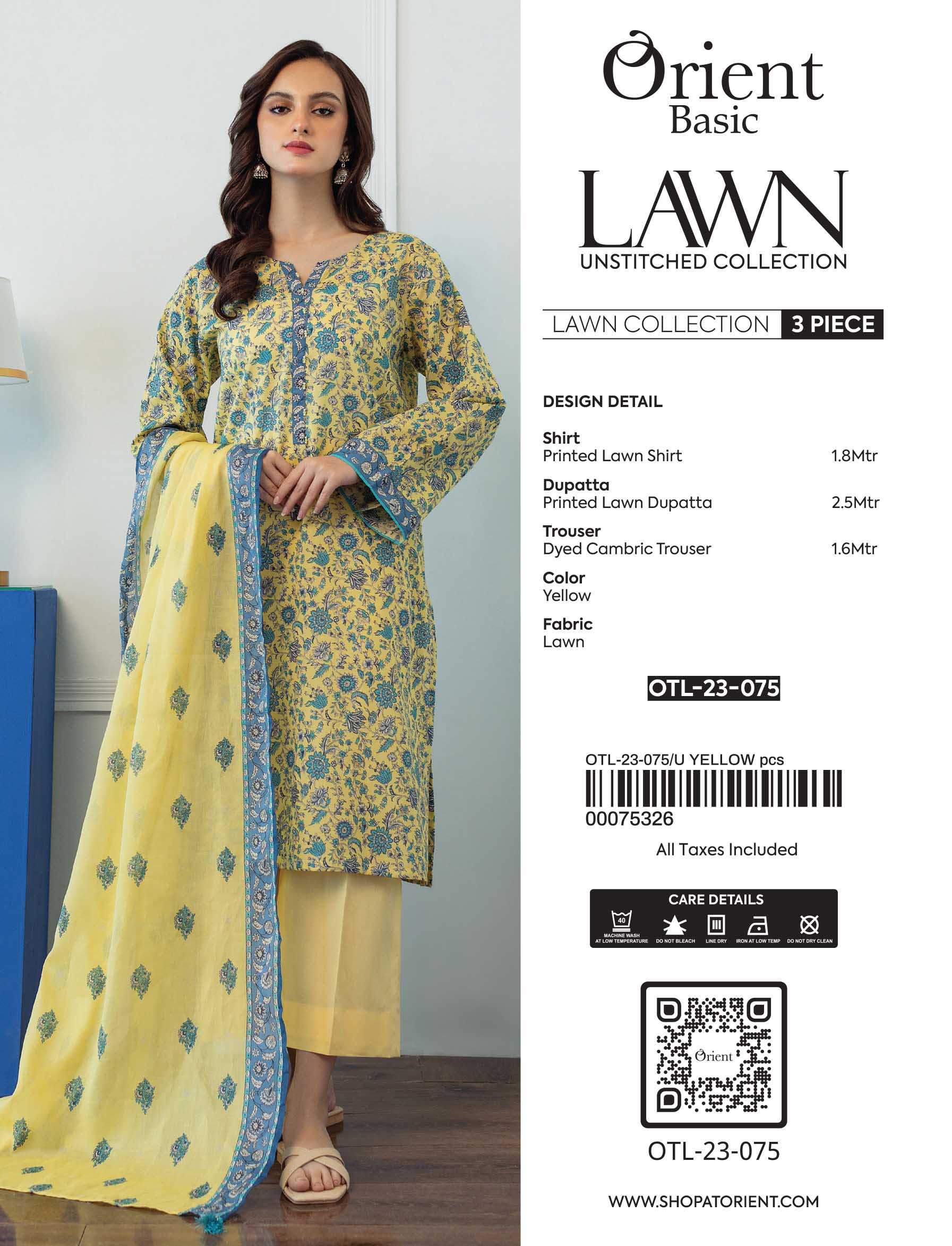 Unstitched 3 Piece Printed Lawn Shirt , Lawn Pant and Lawn Dupatta (OTL-23-075/U YELLOW)