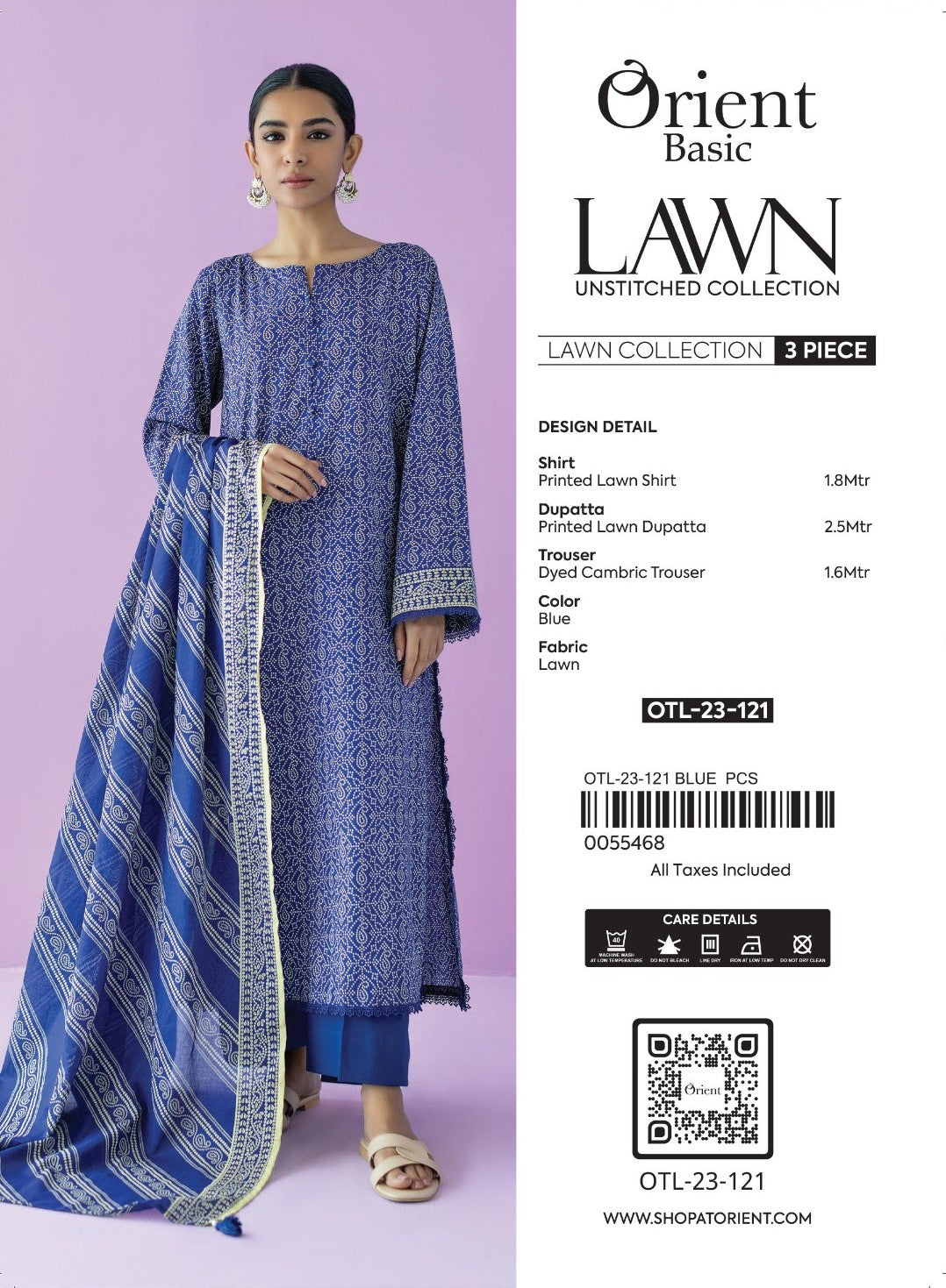 Unstitched 3 Piece Printed Lawn Shirt , Cambric Pant and Lawn Dupatta (OTL-23-121 BLUE)