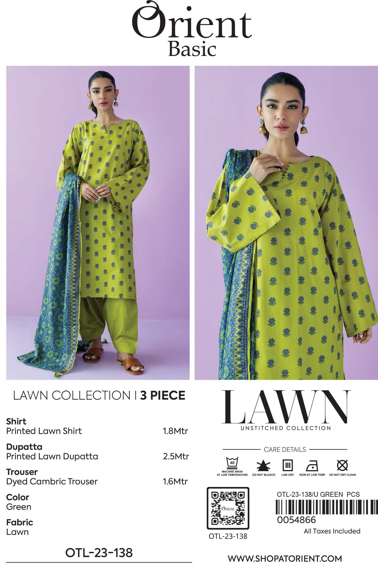 Unstitched 3 Piece Printed Lawn Shirt , Cambric Pant and Lawn Dupatta (OTL-23-138/U GREEN)