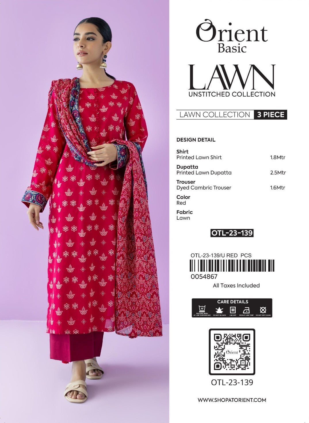 Unstitched 3 Piece Printed Lawn Shirt , Cambric Pant and Lawn Dupatta (OTL-23-139/U RED)