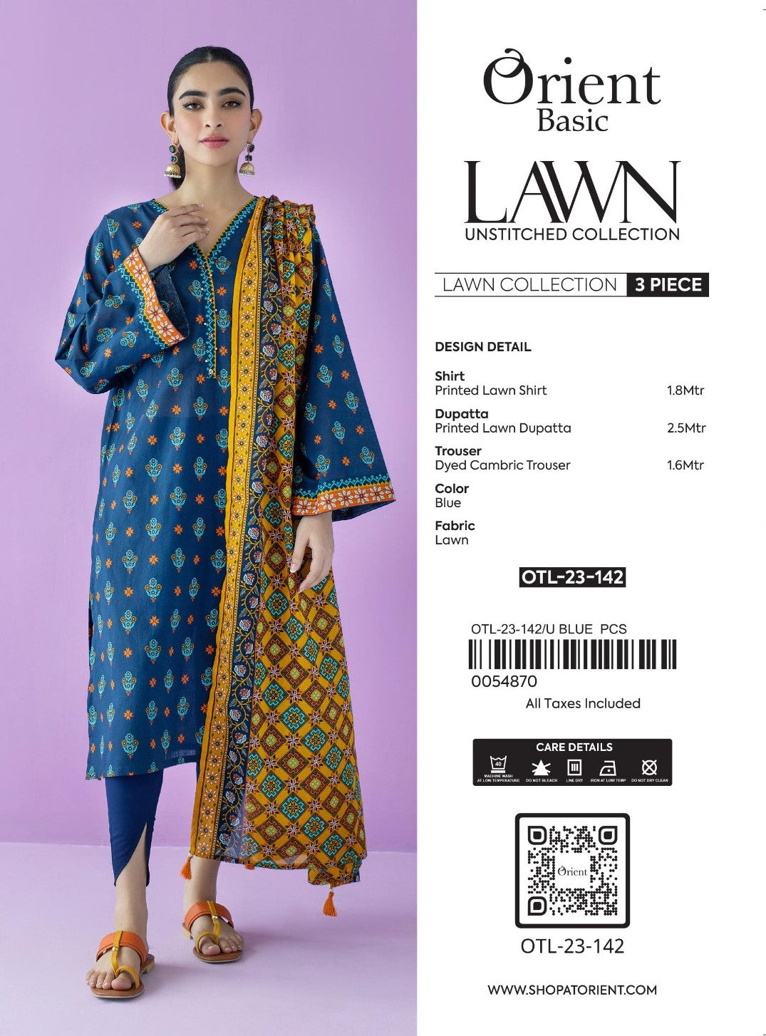 Unstitched 3 Piece Printed Lawn Shirt , Cambric Pant and Lawn Dupatta (OTL-23-142/U BLUE)