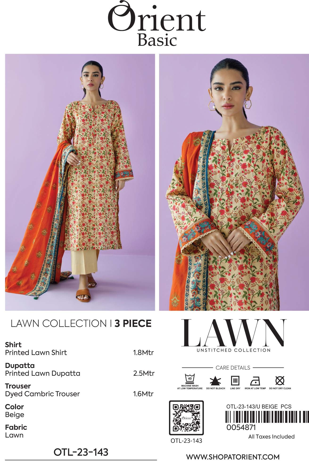 Unstitched 3 Piece Printed Lawn Shirt , Cambric Pant and Lawn Dupatta (OTL-23-143/U BEIGE)