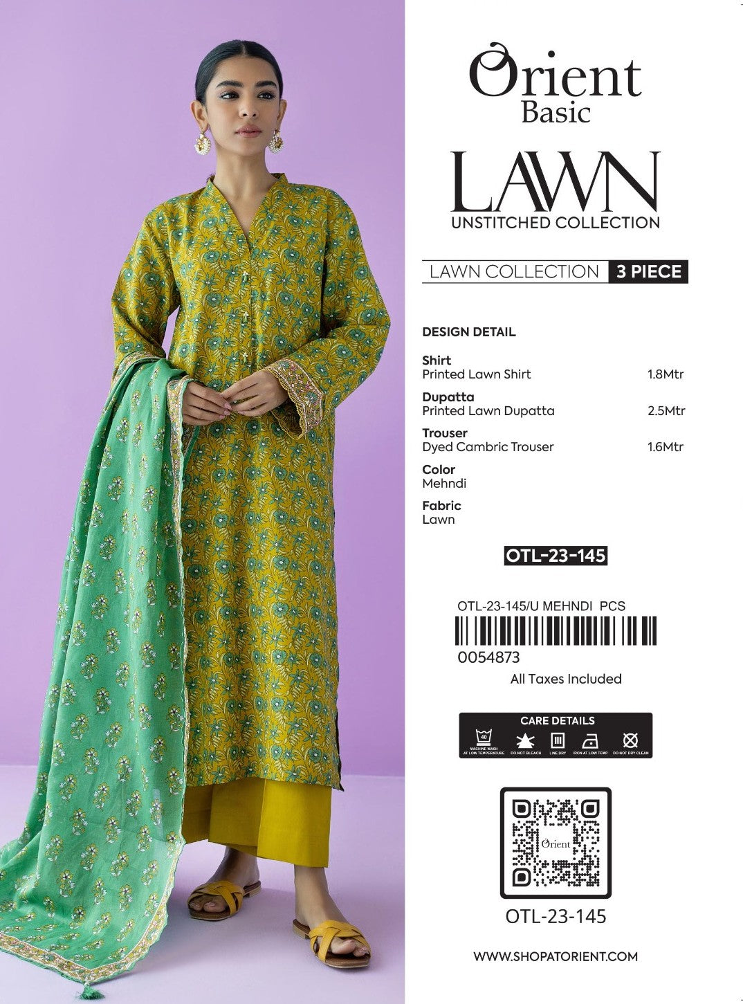 Unstitched 3 Piece Printed Lawn Shirt , Cambric Pant and Lawn Dupatta (OTL-23-145/U MEHNDI)