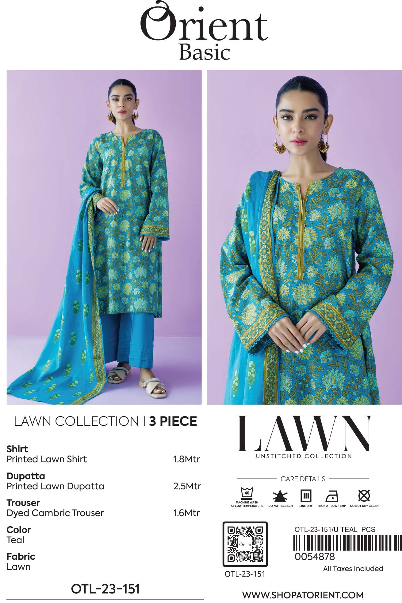 Unstitched 3 Piece Printed Lawn Shirt , Cambric Pant and Lawn Dupatta (OTL-23-151/U TEAL)