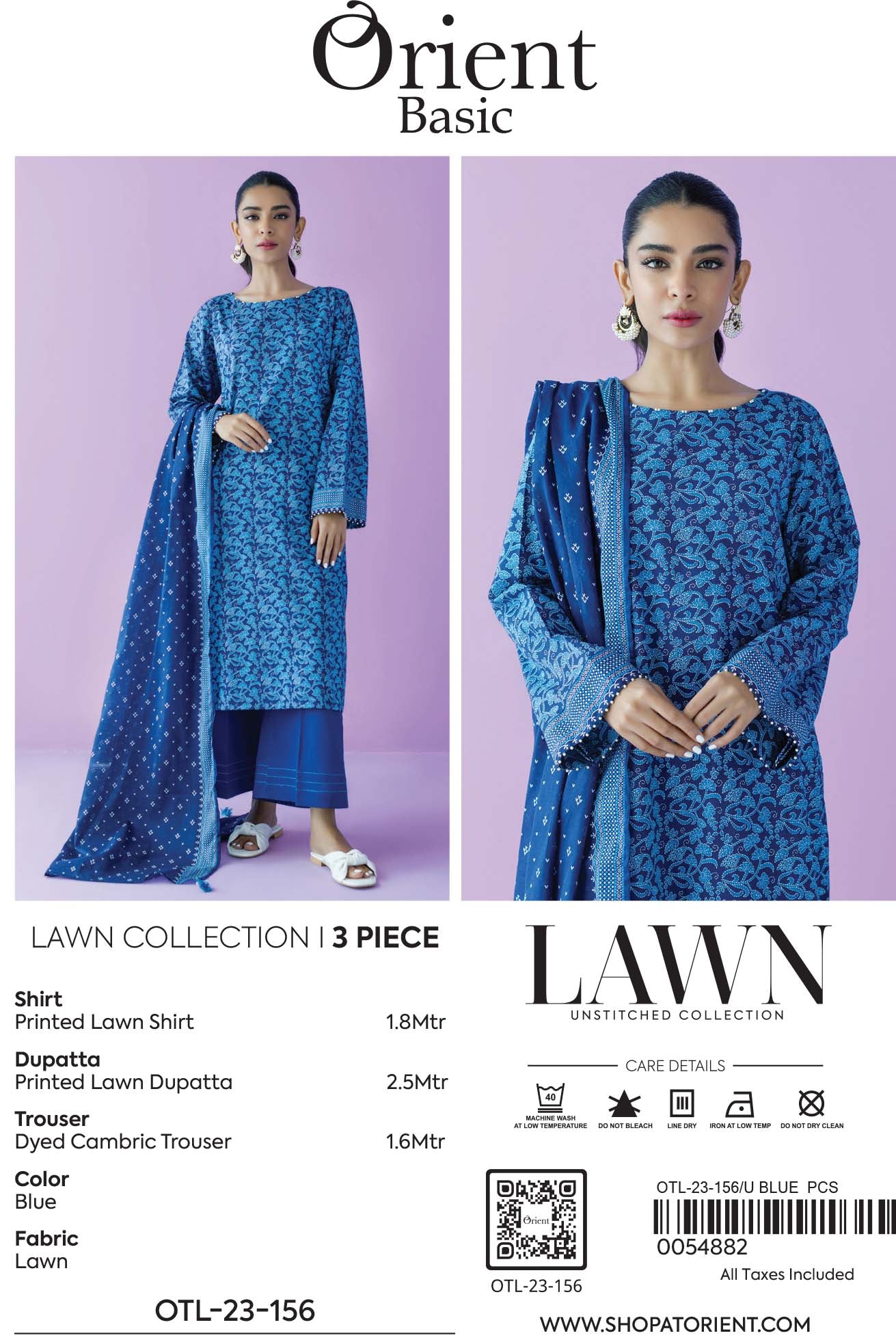Unstitched 3 Piece Printed Lawn Shirt , Cambric Pant and Lawn Dupatta (OTL-23-156/U BLUE)
