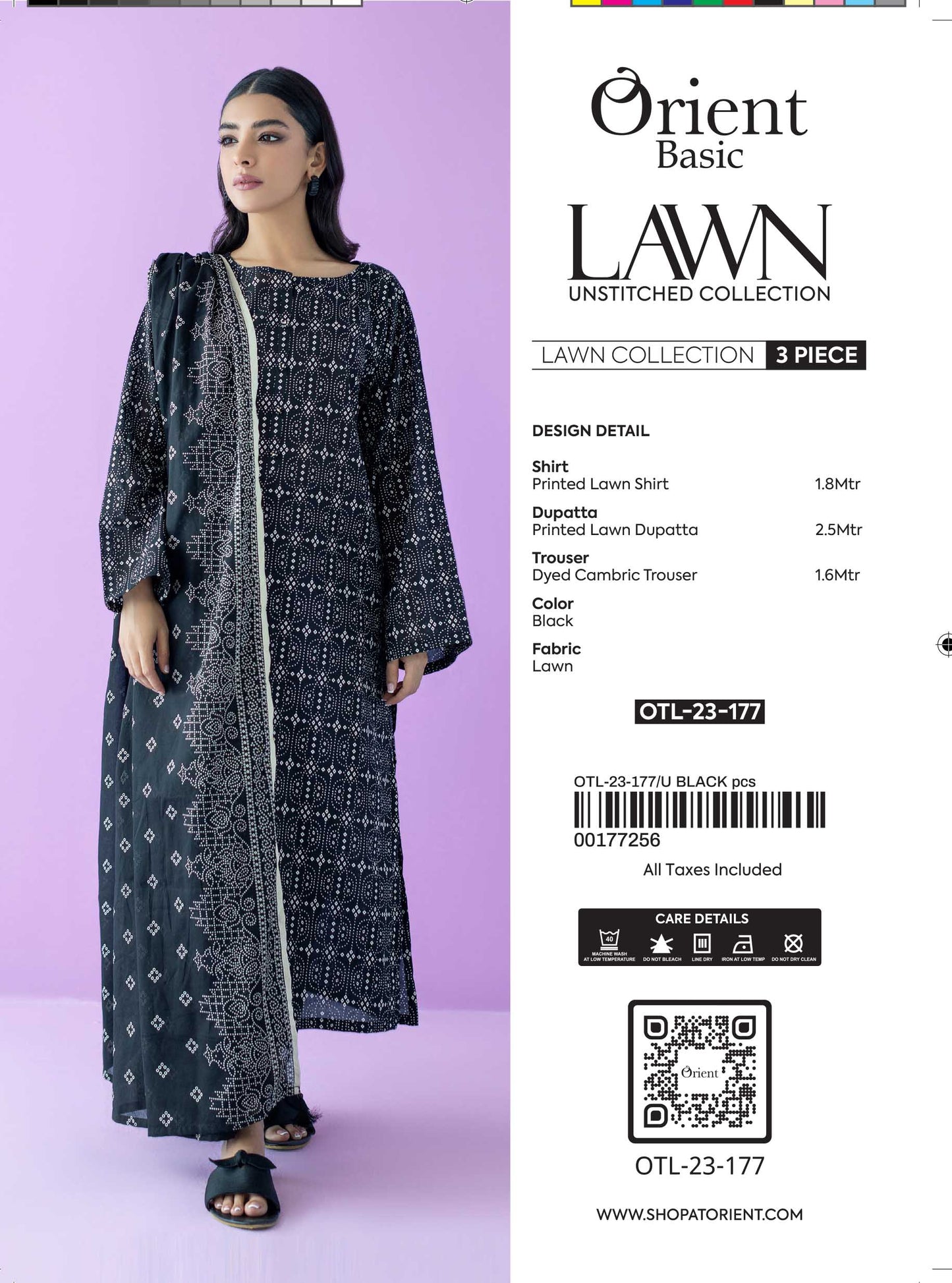 Unstitched 3 Piece Printed Lawn Shirt , Cambric Pant and Lawn Dupatta (OTL-23-177/U BLACK)