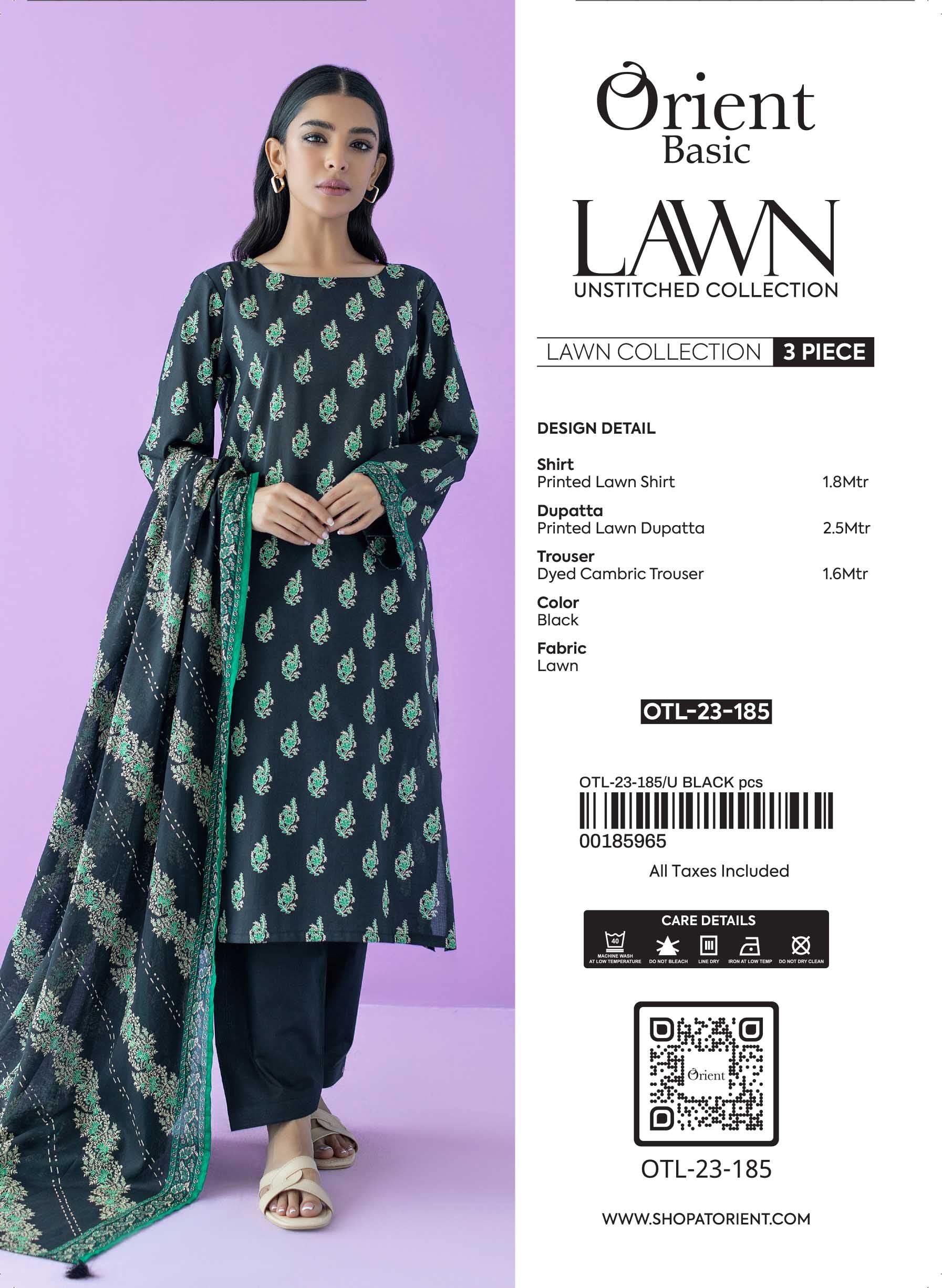 Unstitched 3 Piece Printed Lawn Shirt , Cambric Pant and Lawn Dupatta (OTL-23-185/U BLACK)