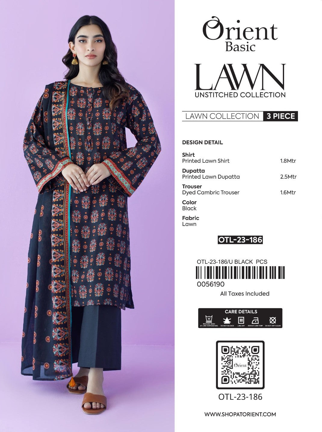 Unstitched 3 Piece Printed Lawn Shirt , Cambric Pant and Lawn Dupatta (OTL-23-186/U BLACK)