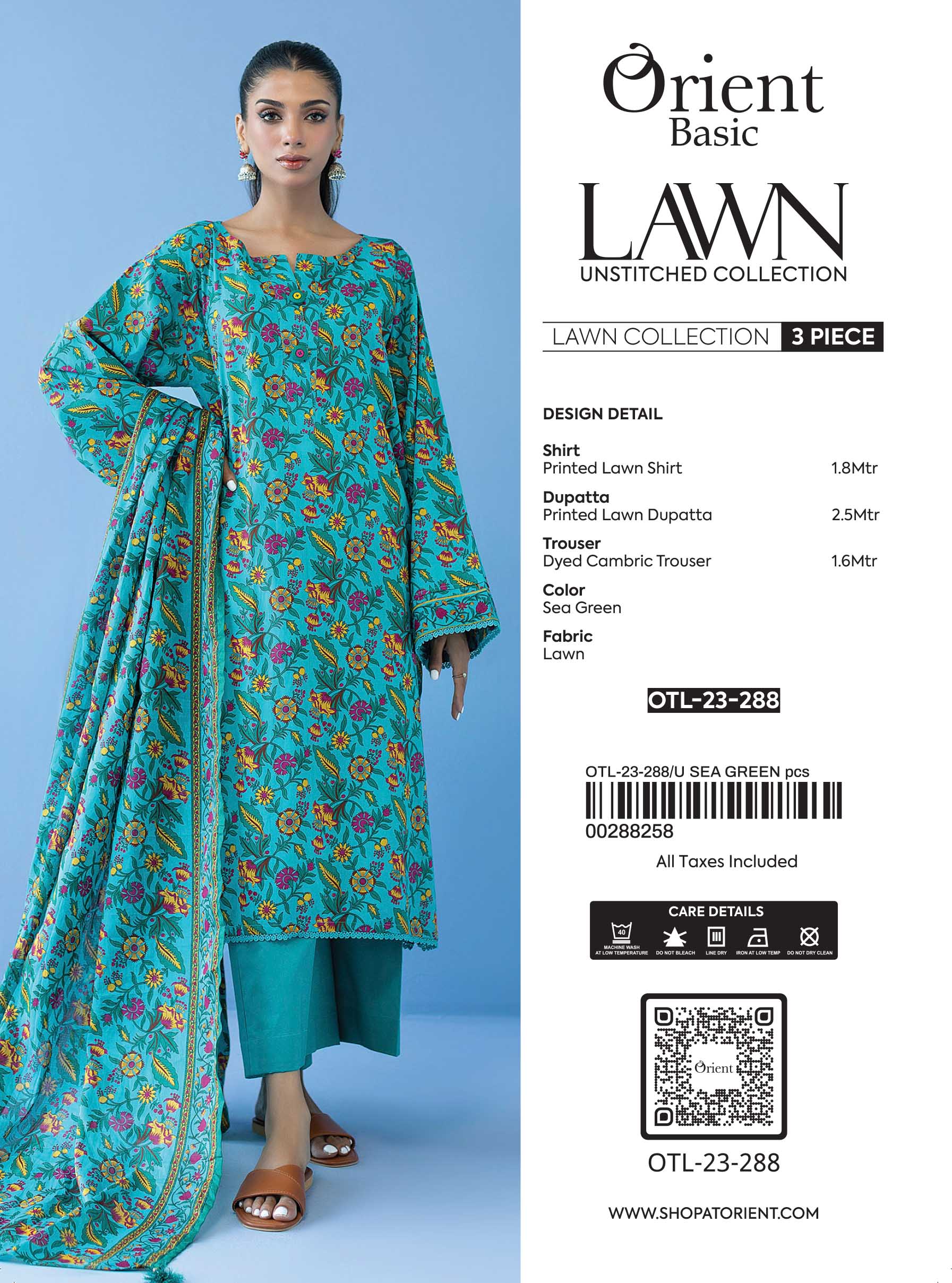 Unstitched 3 Piece Printed Lawn Shirt , Cambric Pant and Lawn Dupatta (OTL-23-288/U TEAL)