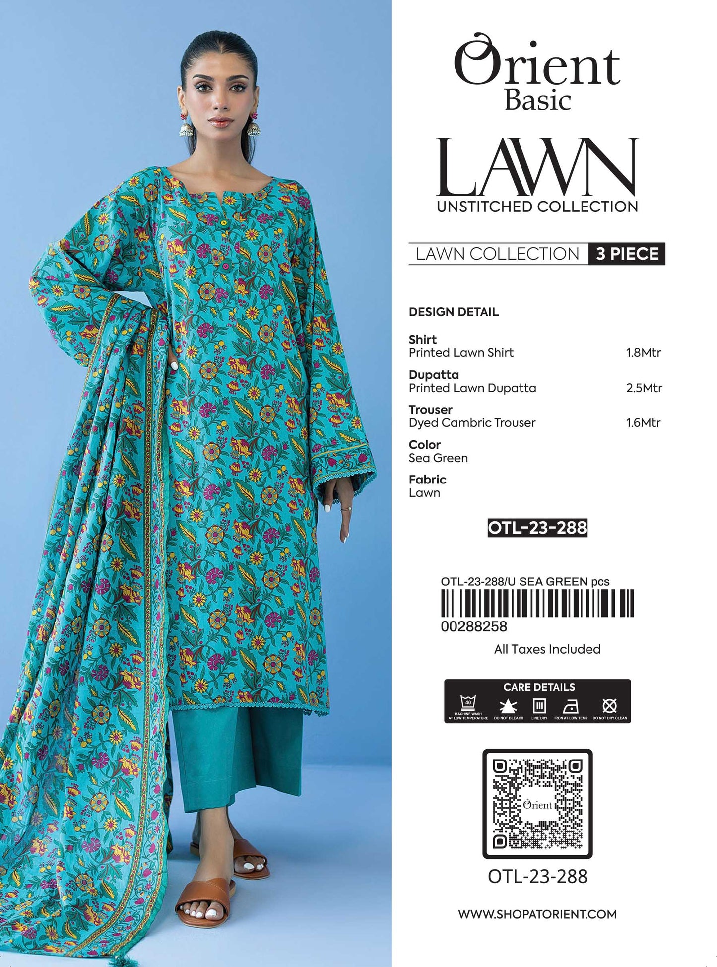 Unstitched 3 Piece Printed Lawn Shirt , Cambric Pant and Lawn Dupatta (OTL-23-288/U TEAL)