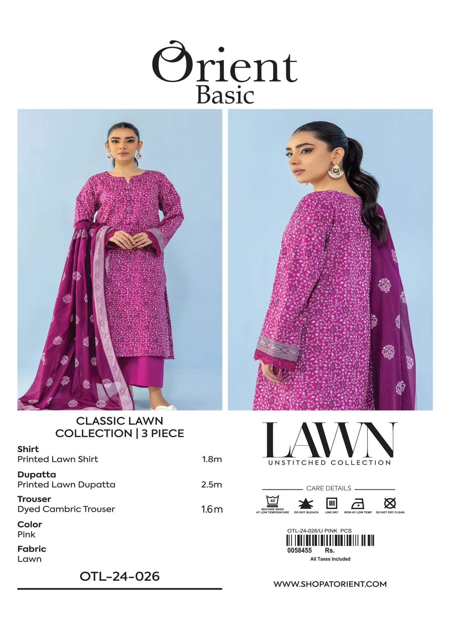Unstitched 3 Piece Printed Lawn Shirt , Cambric Pant and Lawn Dupatta (OTL-24-026/U PINK)