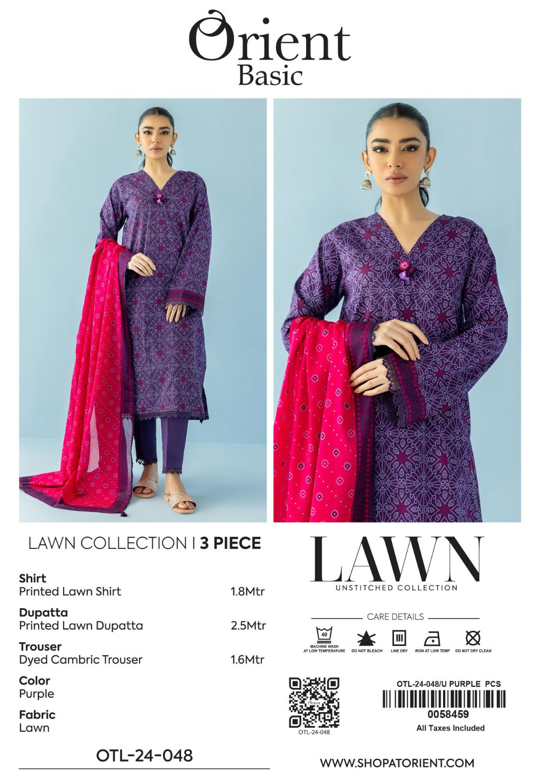Unstitched 3 Piece Printed Lawn Shirt , Cambric Pant and Lawn Dupatta (OTL-24-048/U PURPLE)
