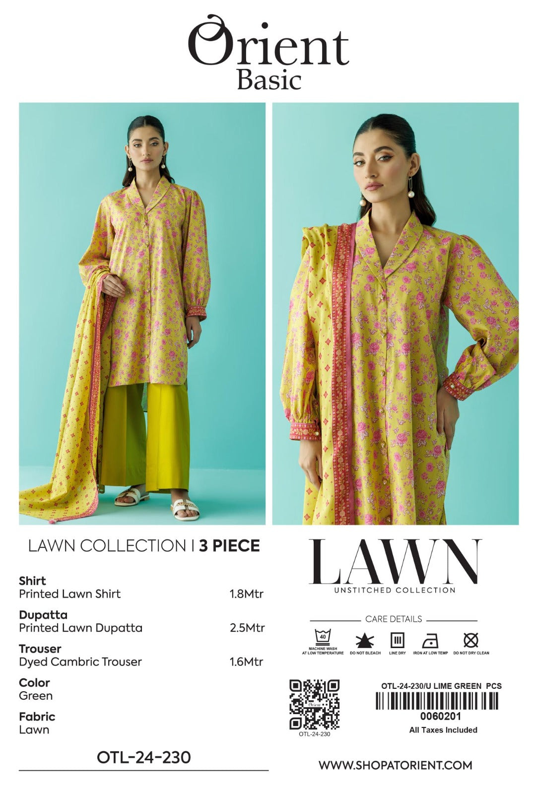Unstitched 3 Piece Printed Lawn Shirt , Cambric Pant and Lawn Dupatta (OTL-24-230/U LIME GREEN)
