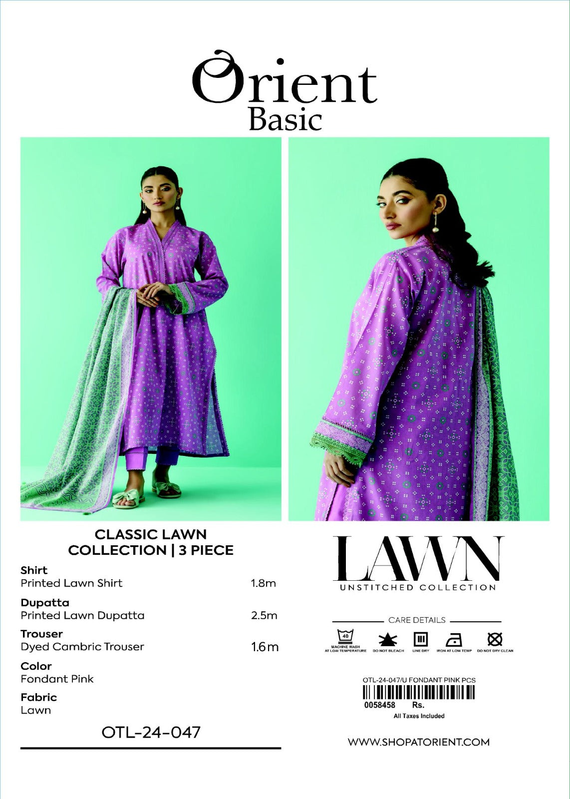 Unstitched 3 Piece Printed Lawn Shirt , Cambric Pant and Lawn Dupatta (OTL-24-047/U FONDANT PINK)