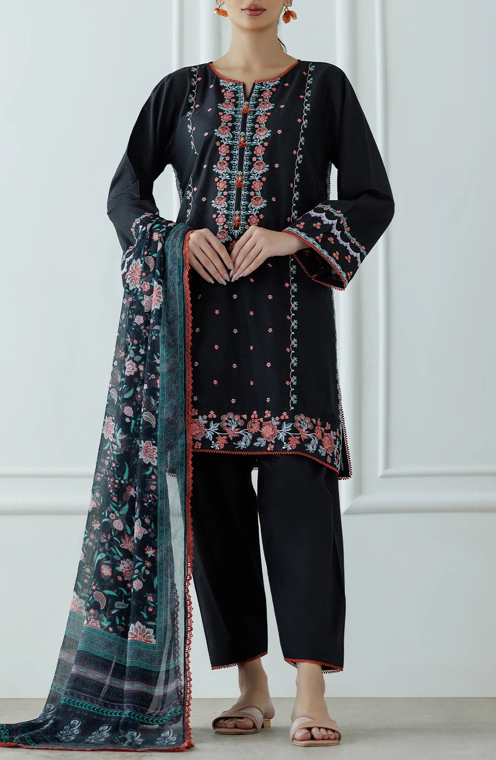 Black embroidered outfit with floral patterns and a chiffon dupatta with dyed trouser. Stitched Luxury Festive Formal Lawn Shirt Dupatta & Pant - 3 Piece Suits - OTL-25-083