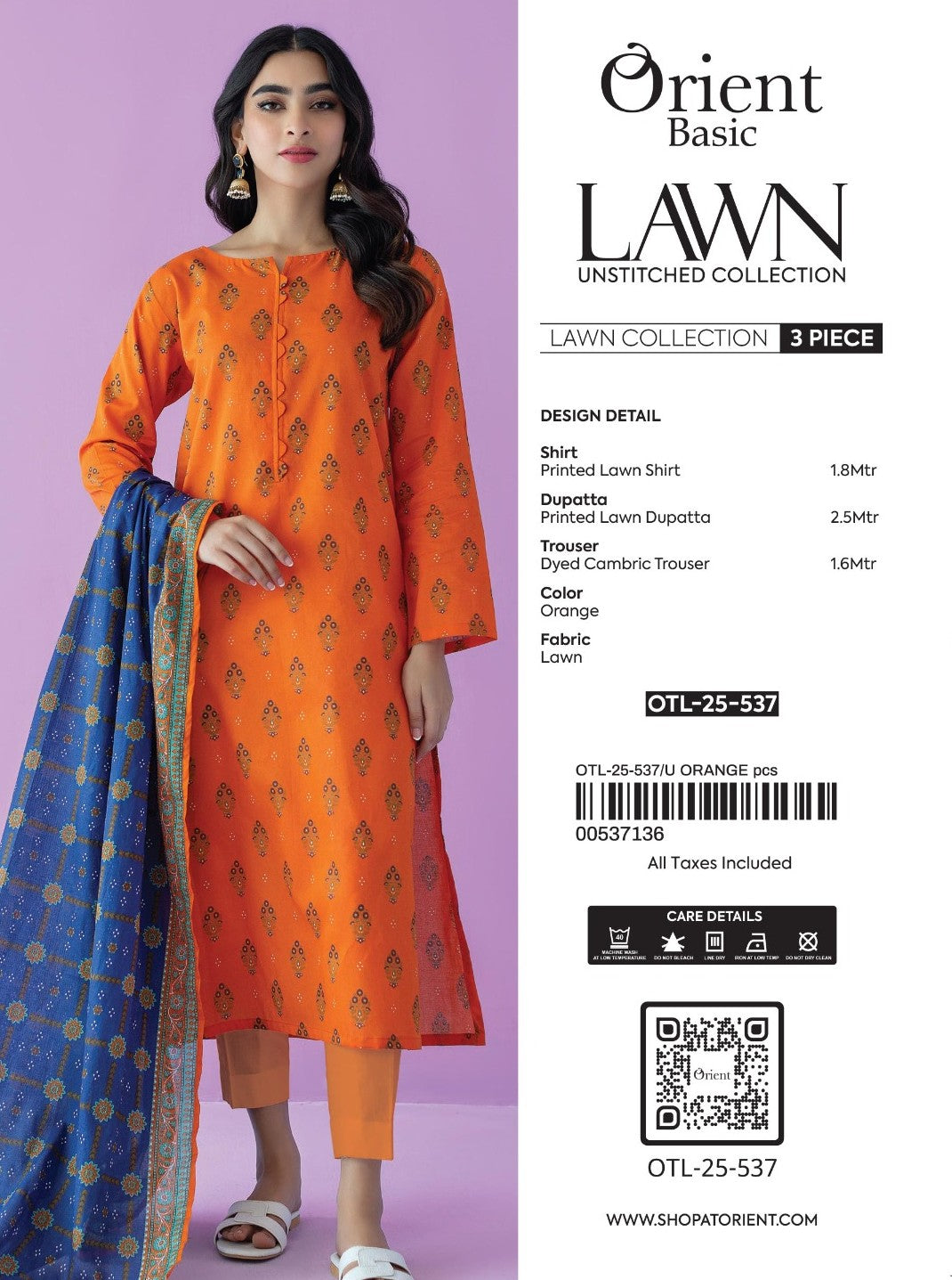 Unstitched | 3 Piece | Printed | Lawn Shirt | OTL-25-537/U ORANGE