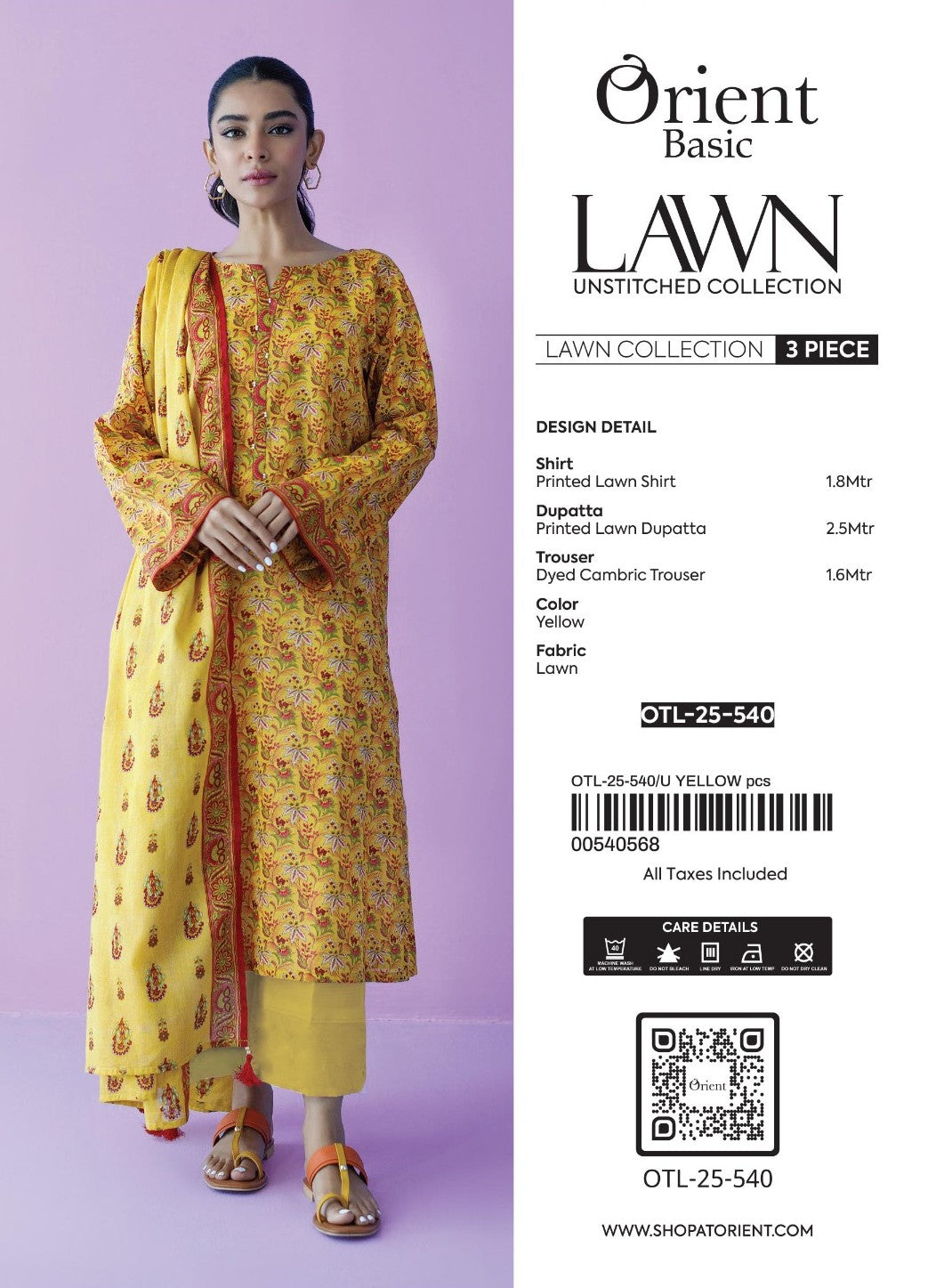 Unstitched | 3 Piece | Printed | Lawn Shirt | OTL-25-540/U Yellow