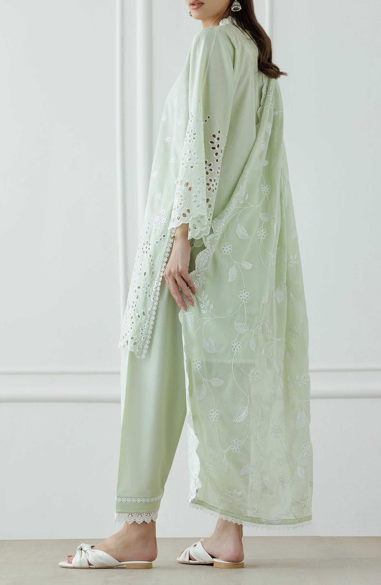 Light green traditional chikankari outfit with lace details on a dyed trouser. Stitched Luxury Festive Formal Lawn Shirt Dupatta & Pant - 3 Piece Suits - WRFC25S-3005