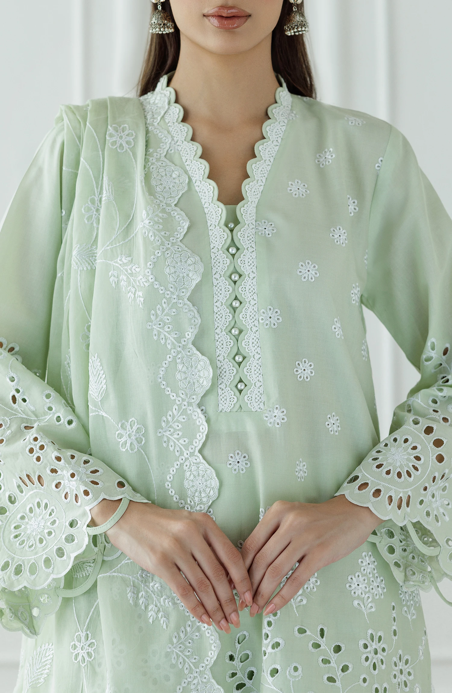 Light green traditional chikankari outfit with lace details on a dyed trouser. Stitched Luxury Festive Formal Lawn Shirt Dupatta & Pant - 3 Piece Suits - WRFC25S-3005