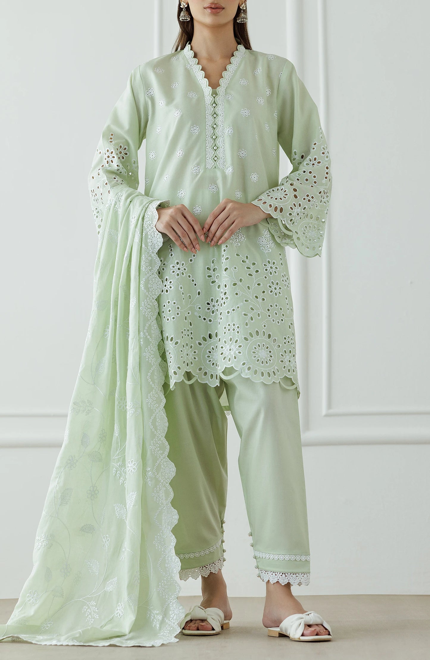 Light green traditional chikankari outfit with lace details on a dyed trouser. Stitched Luxury Festive Formal Lawn Shirt Dupatta & Pant - 3 Piece Suits - WRFC25S-3005