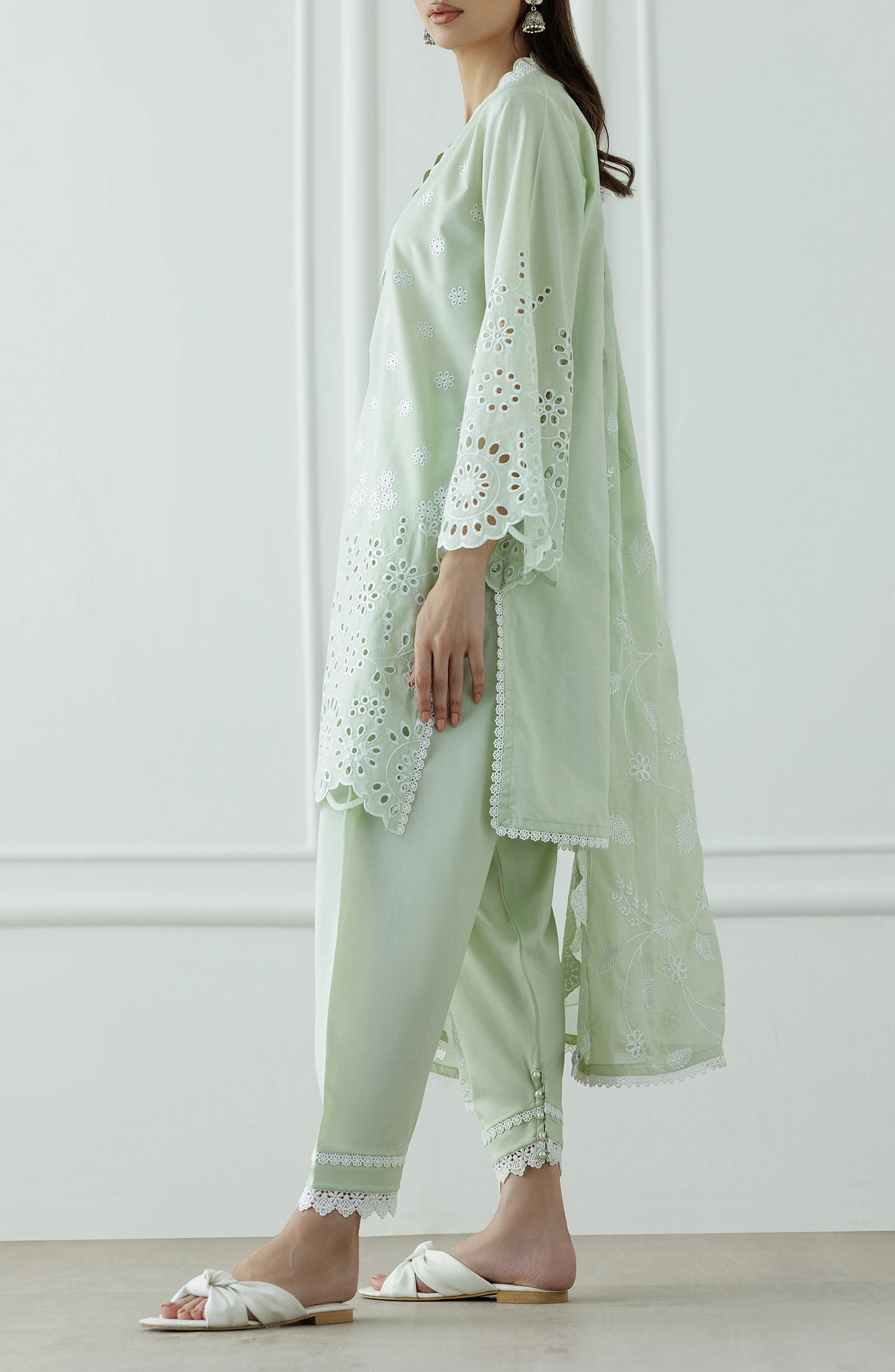 Light green traditional chikankari outfit with lace details on a dyed trouser. Stitched Luxury Festive Formal Lawn Shirt Dupatta & Pant - 3 Piece Suits - WRFC25S-3005