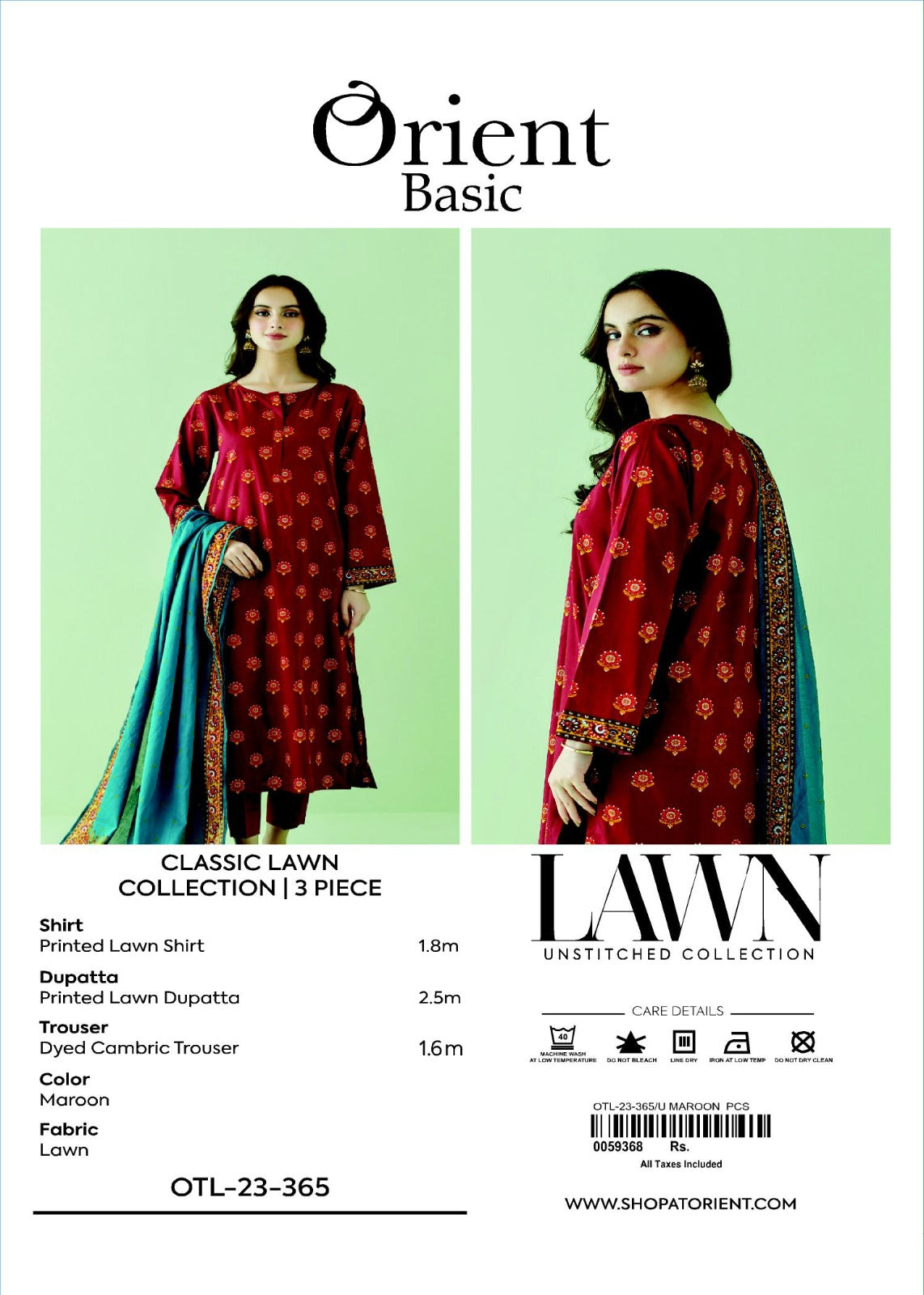 Unstitched 3 Piece Printed Lawn Shirt , Cambric Pant and Lawn Dupatta (OTL-23-365/U MAROON)