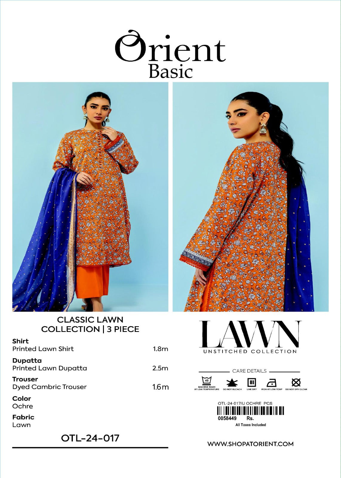 Unstitched 3 Piece Printed Lawn Shirt , Cambric Pant and Lawn Dupatta (OTL-24-017/U OCHRE)